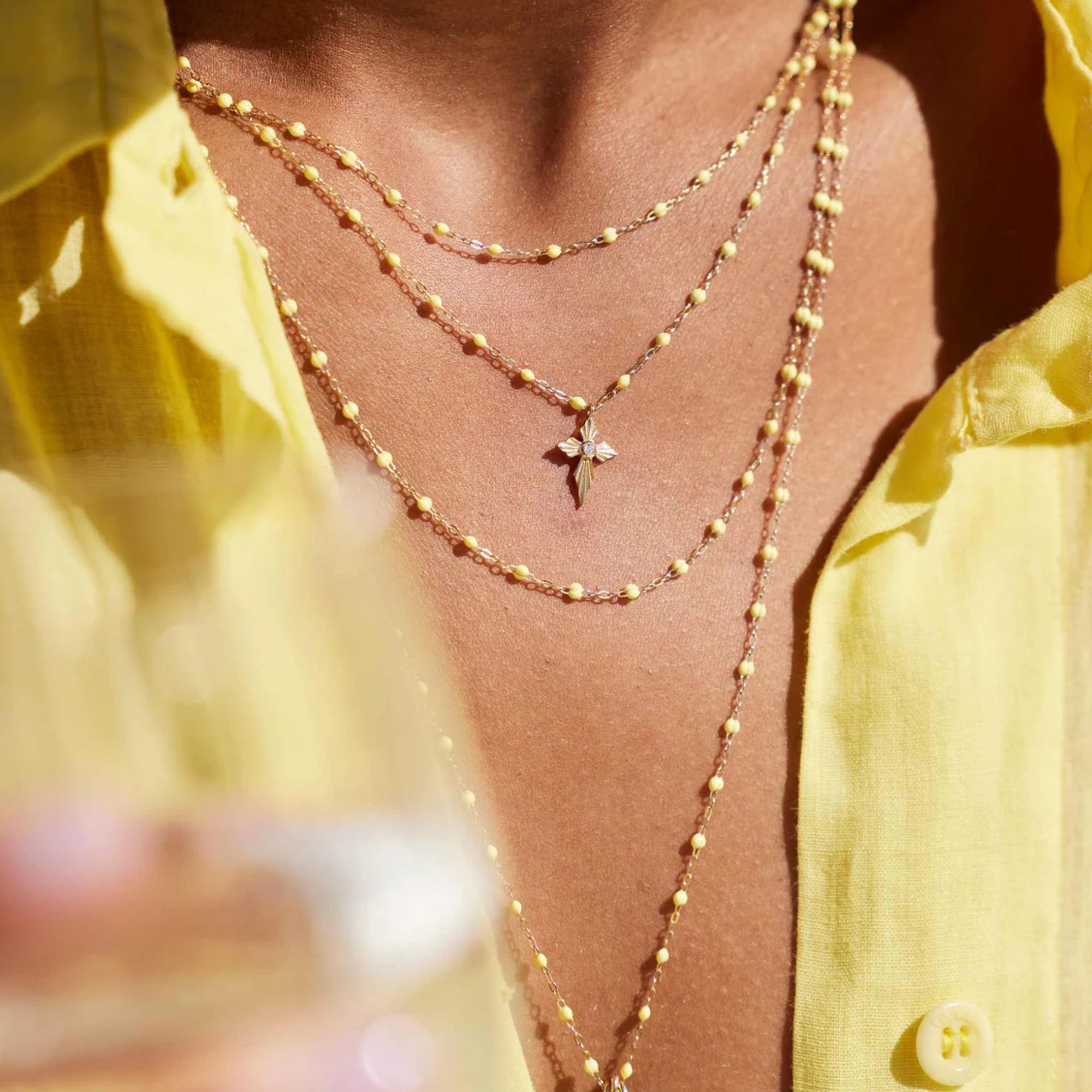 18K Gold &amp; &quot;Mimosa&quot; Yellow Resin Beaded &quot;Classic&quot; Necklace