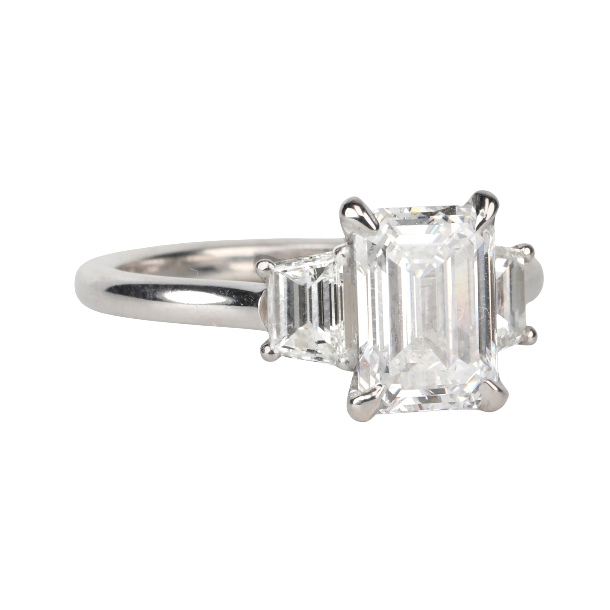 Live Platinum Prong-Set Three-Stone Ring with 2ct Lab Grown Emerald-Cut Diamond &amp; Natural Trapeze Side Diamonds