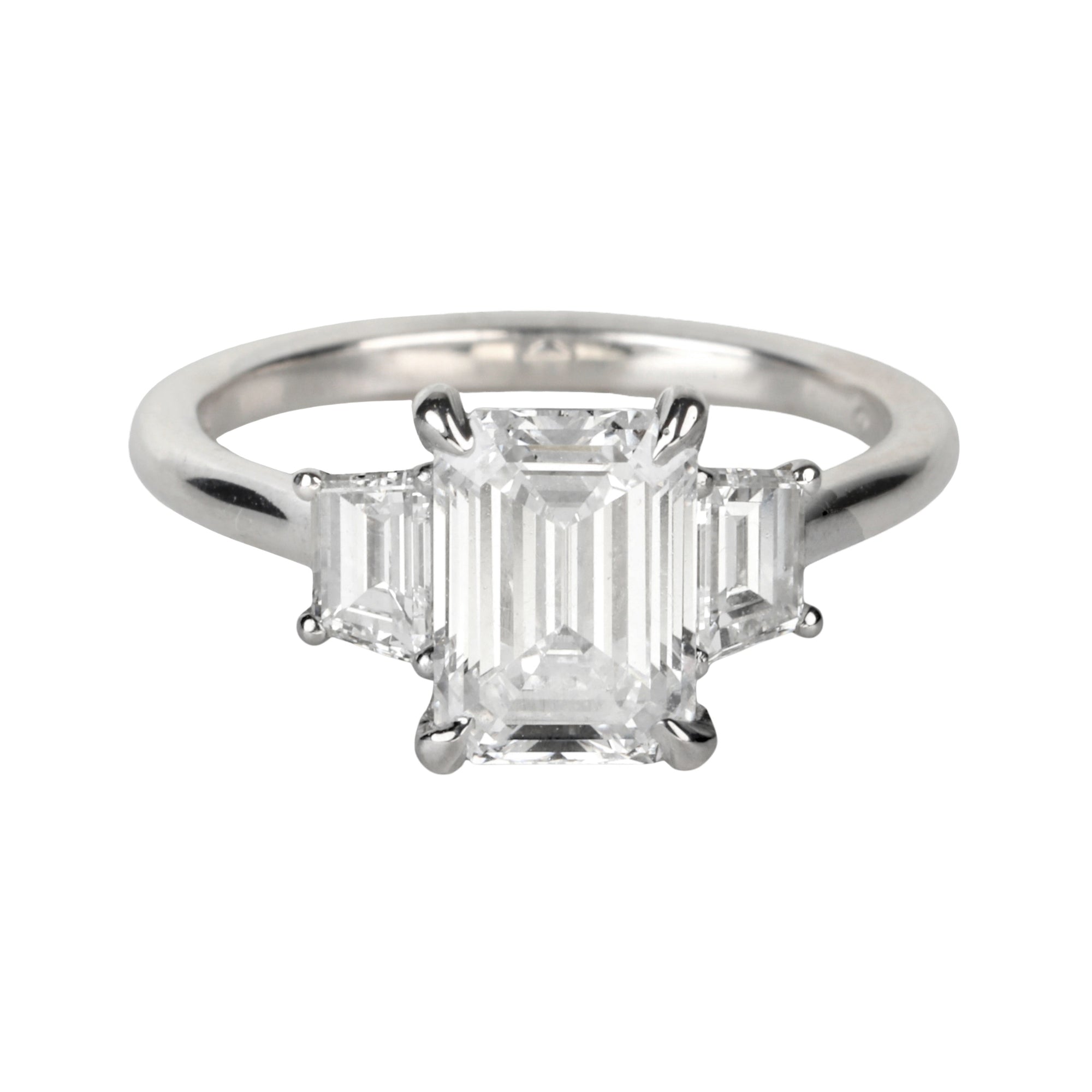Live Platinum Prong-Set Three-Stone Ring with 2ct Lab Grown Emerald-Cut Diamond &amp; Natural Trapeze Side Diamonds