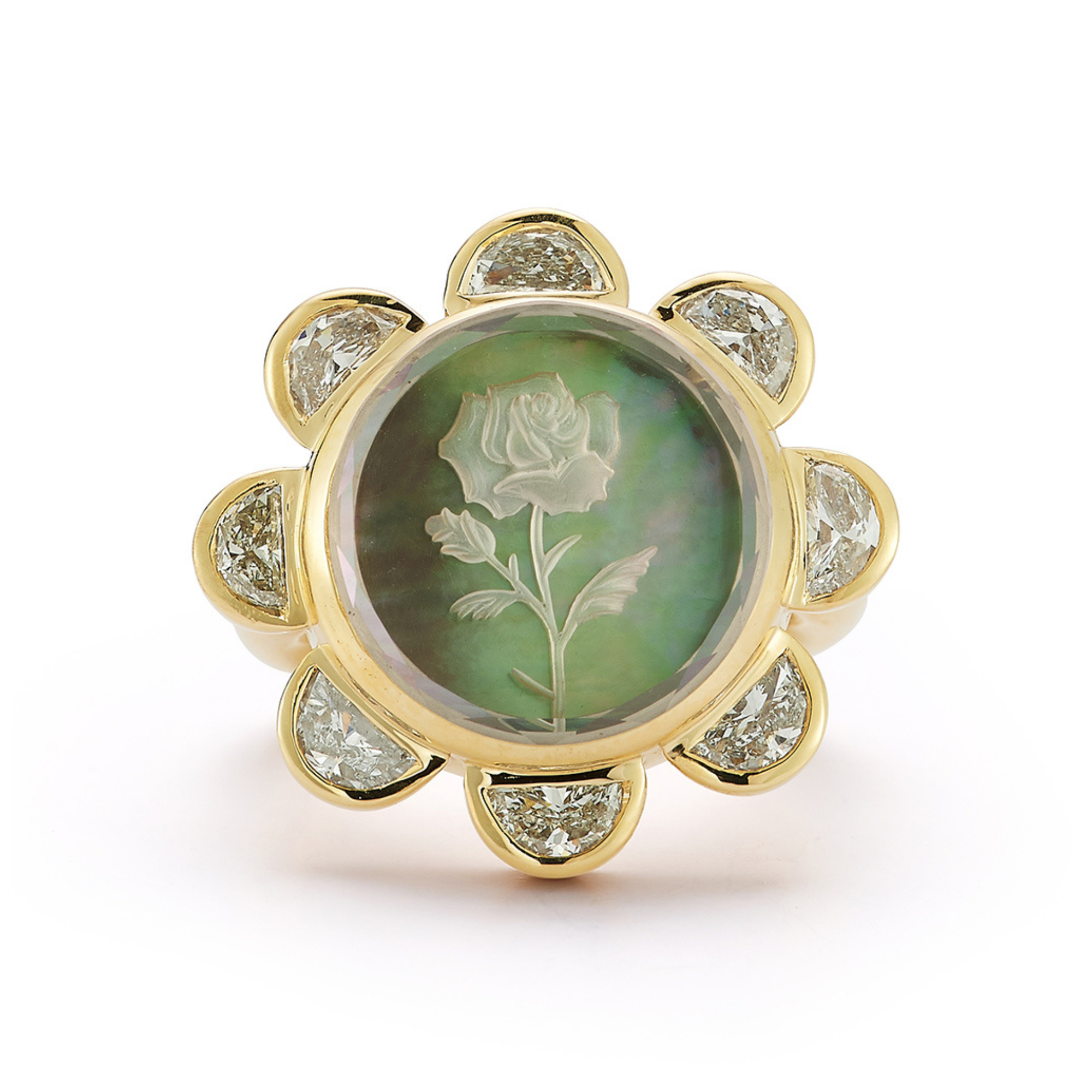 18K &amp; Grey Mother of Pearl "Rosebud Caspian" Ring with Half-Moon Diamond Halo