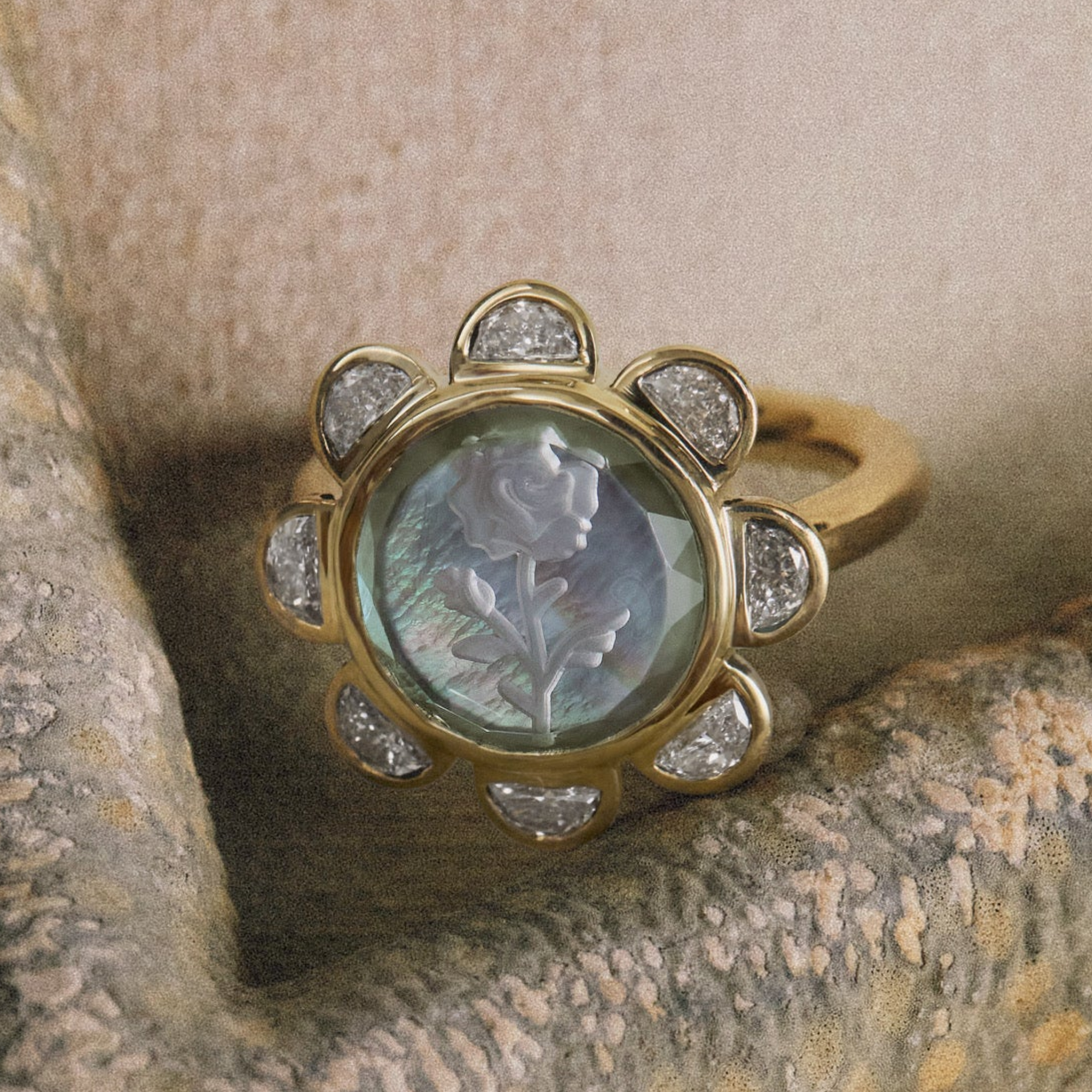 18K &amp; Grey Mother of Pearl "Rosebud Caspian" Ring with Half-Moon Diamond Halo