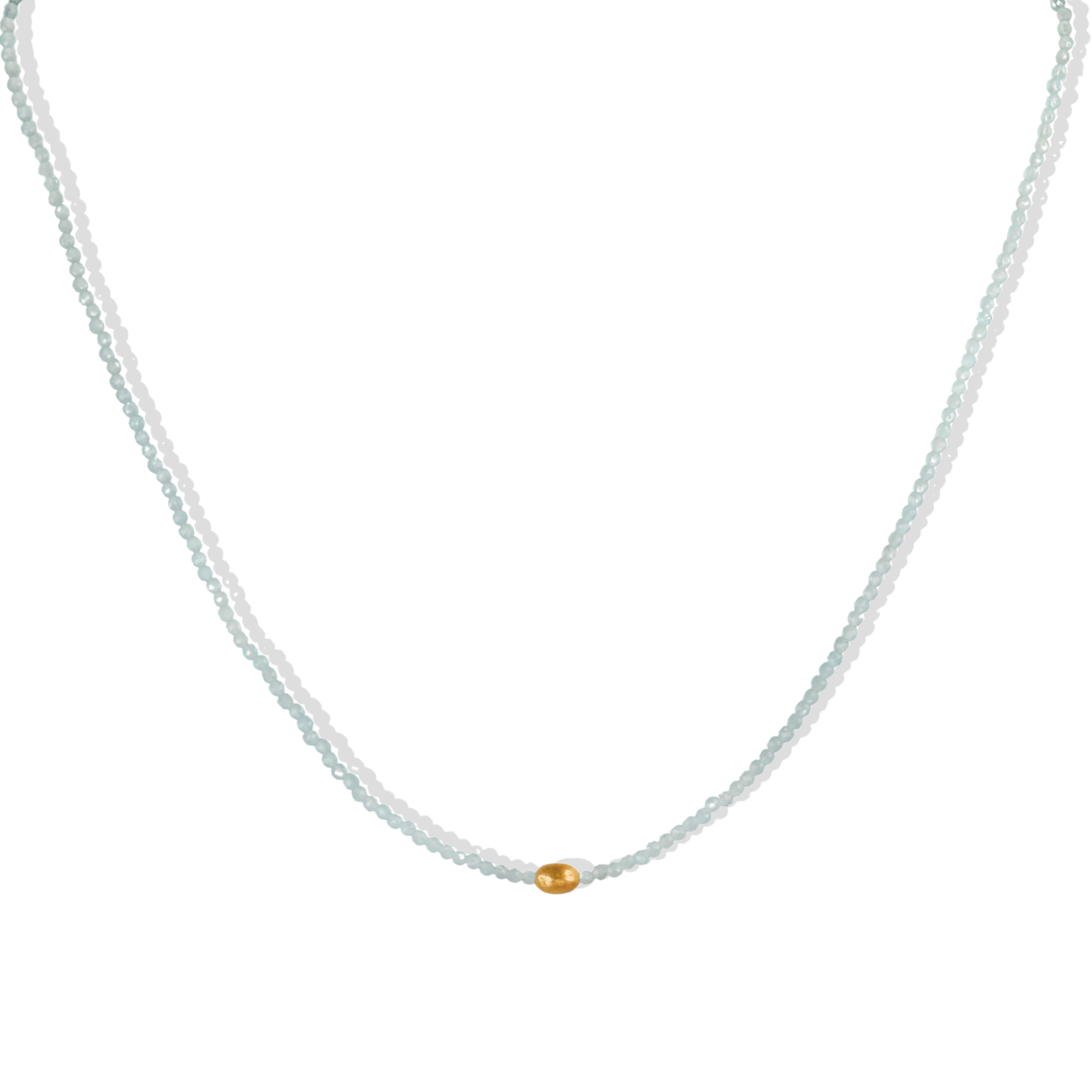 Faceted Aquamarine Beaded Necklace with Brushed 18K Rounded Oval Bead