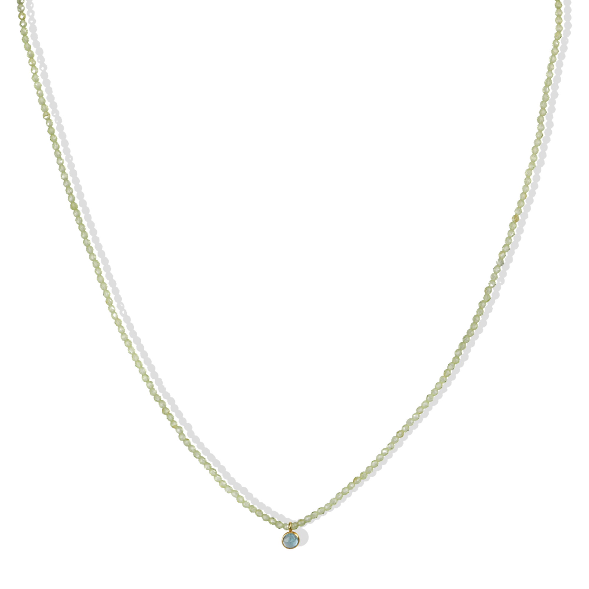 Faceted Peridot Beaded Necklace with 18K Bezel-Set Cabochon Aquamarine Pendant