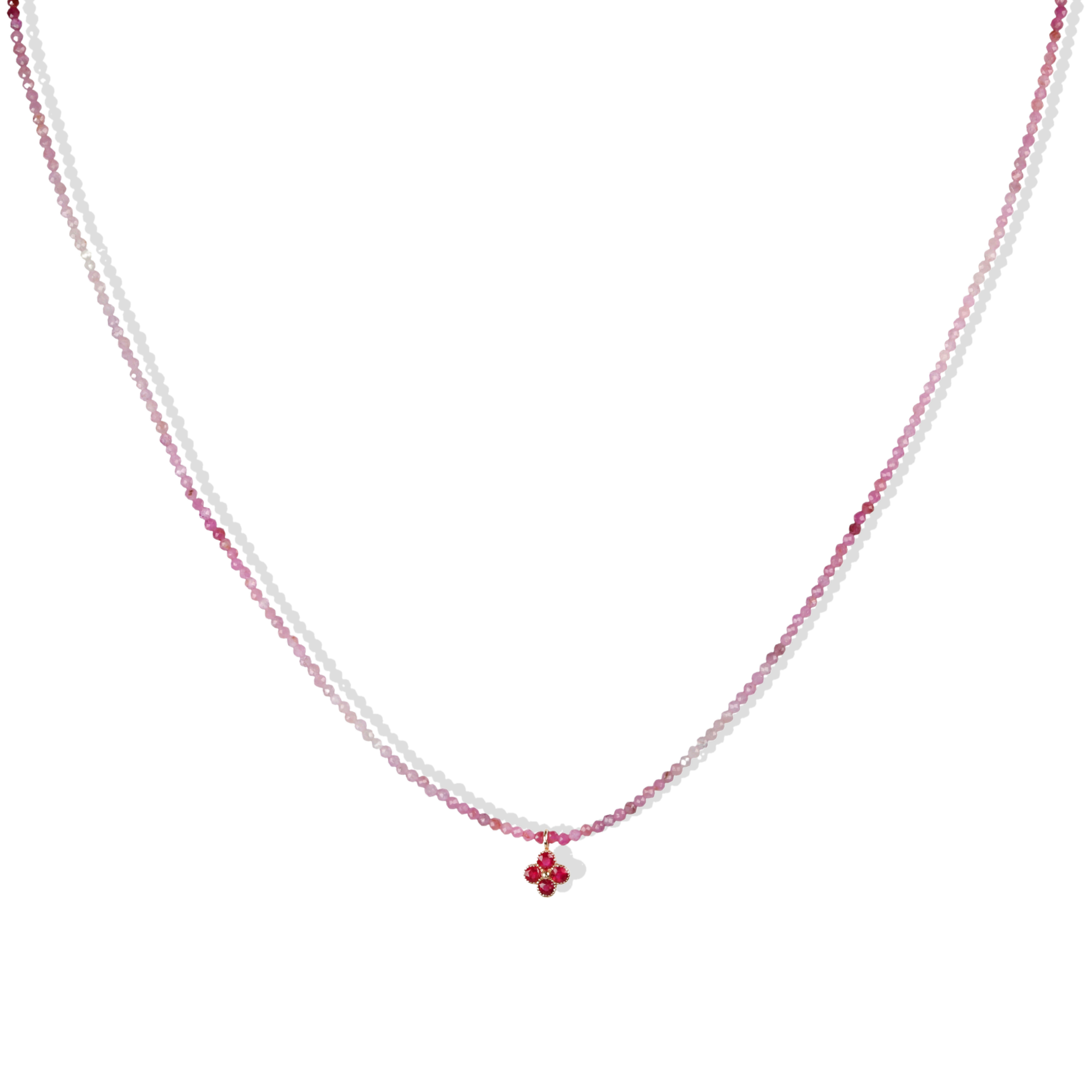 Faceted Pink Ombre Ruby Beaded Necklace with Ruby Flower Pendant
