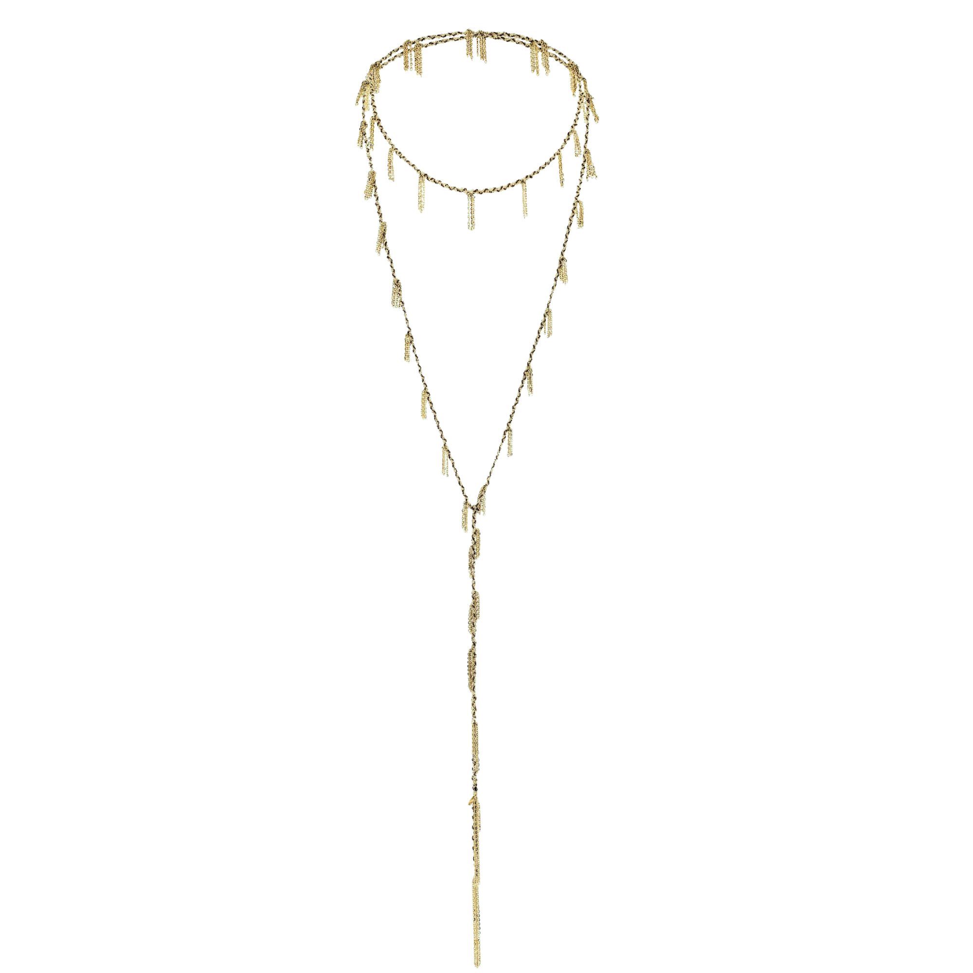 Vermeil &amp; "Kaki" Green Silk Woven Multi Twist Tie Lariat Necklace with Mini Chain Tassel Stations