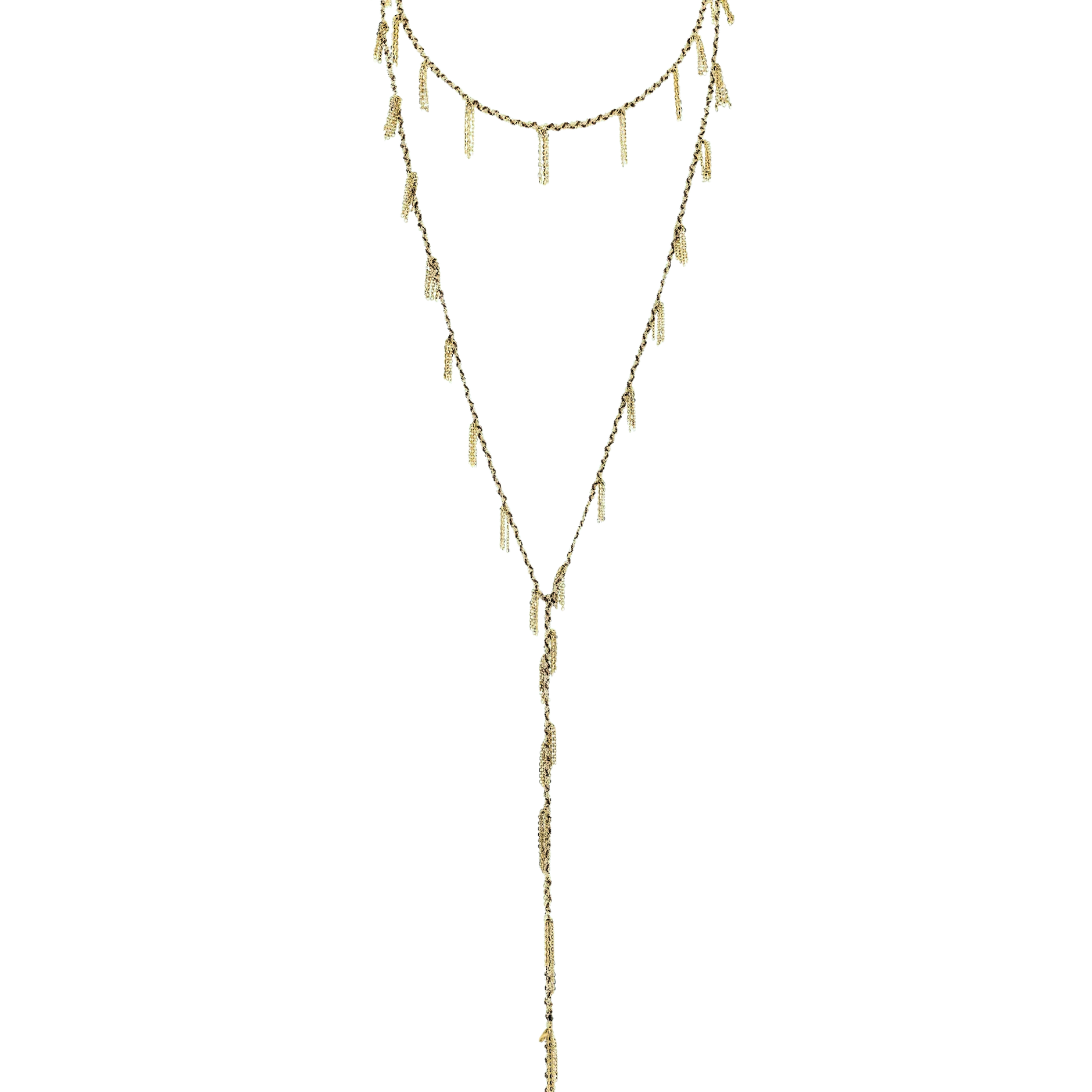 Vermeil &amp; "Kaki" Green Silk Woven Multi Twist Tie Lariat Necklace with Mini Chain Tassel Stations