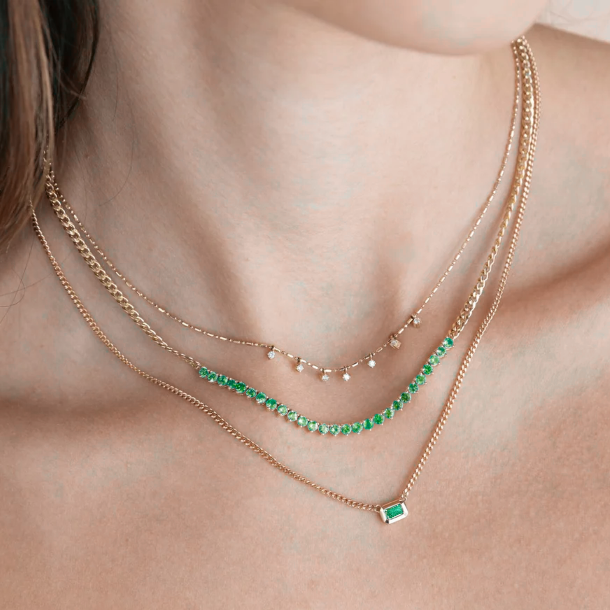 14K Extra Small Box Chain Necklace with Horizontal Bezel-Set Emerald Pendant