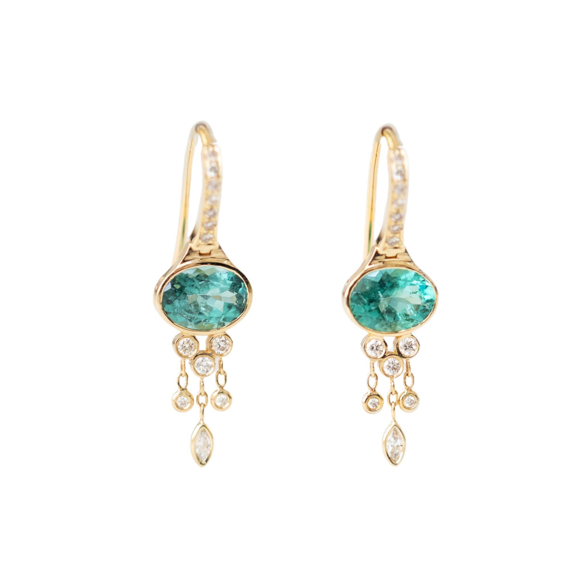 14K &amp; Oval Green Tourmaline Drop Earrings with Diamond "Fringe" Details
