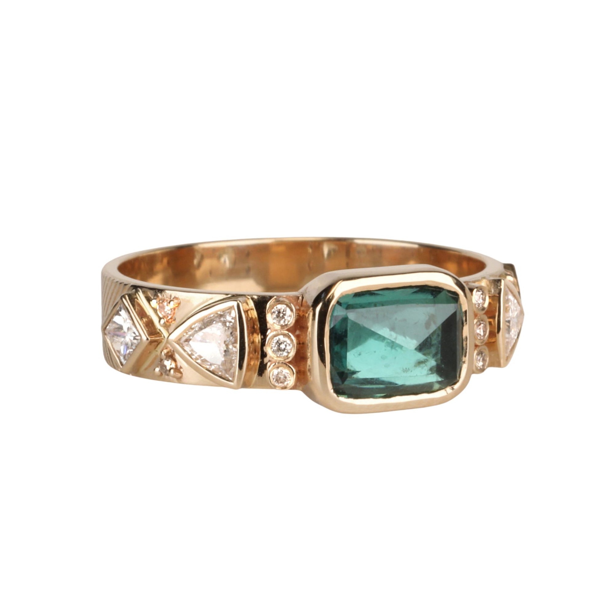 14K &amp; Green Tourmaline "Totem" Ring with Mixed Cut Diamond Details