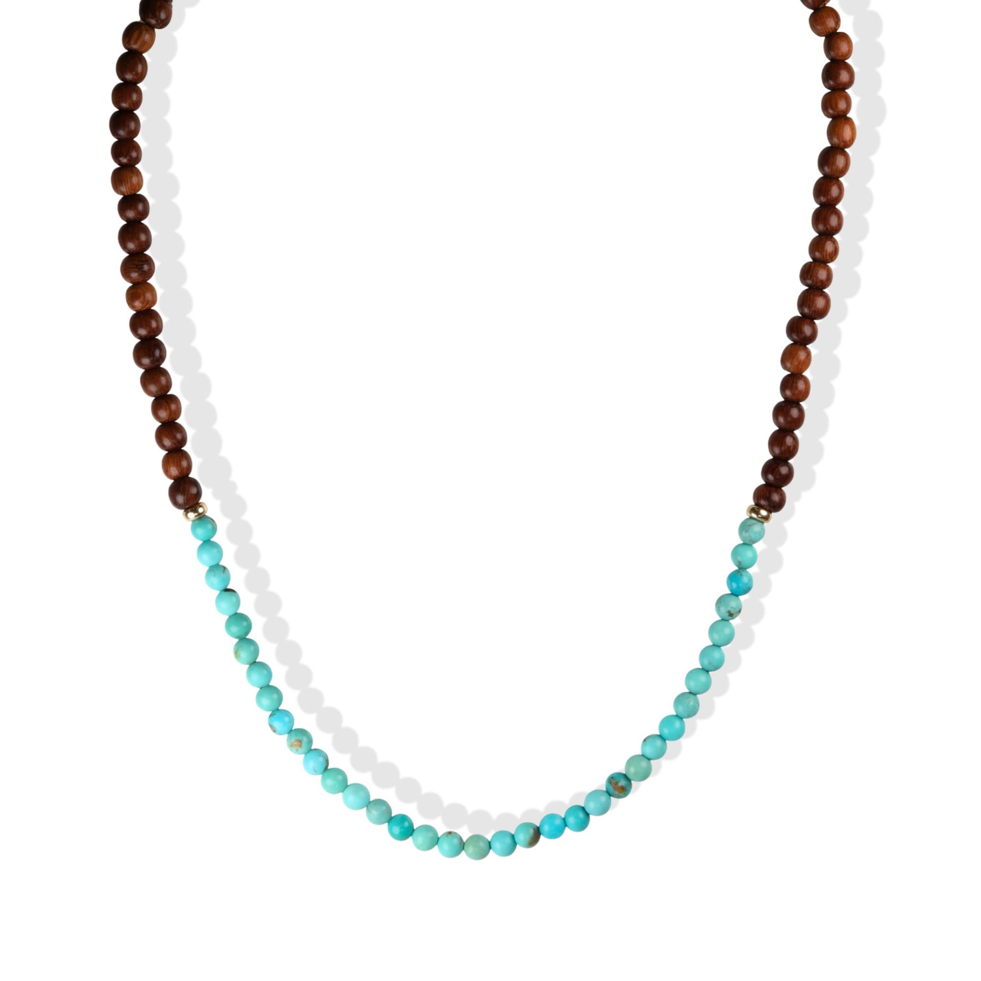 Smaller Turquoise &amp; Wood Beaded Necklace with 14K Accent Beads &amp; Clasp