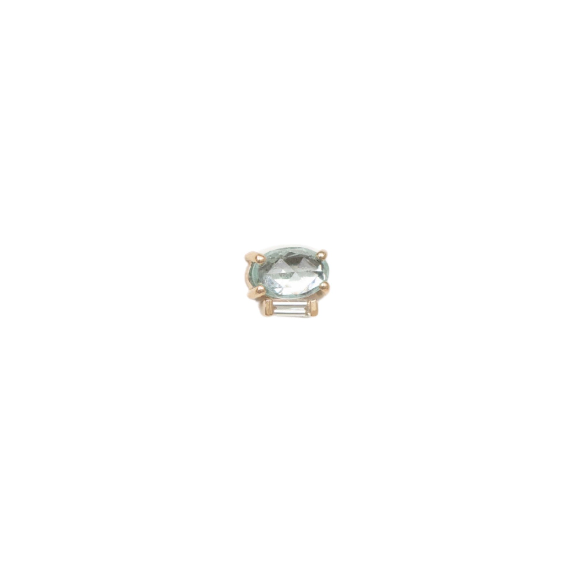 14K &amp; Pale Green Tourmaline Stud Earring with Baguette Diamond Detail