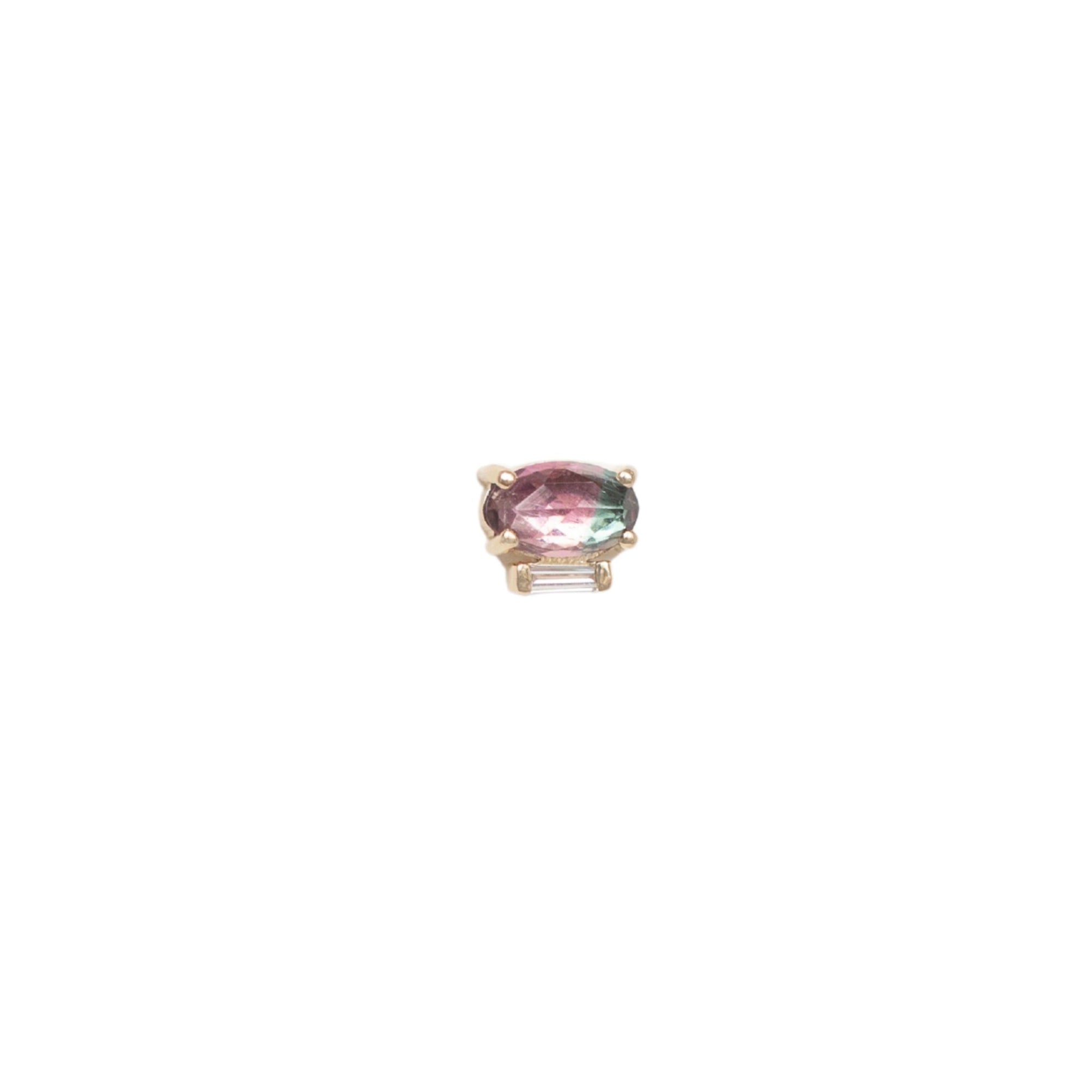 14K &amp; Watermelon Tourmaline Stud Earring with Baguette Diamond Detail