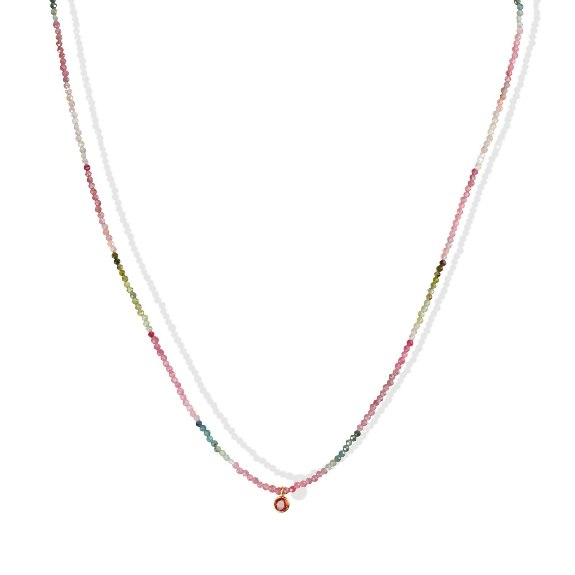 Faceted Watermelon Tourmaline Beaded Necklace with 18K Bezel-Set Pink Sapphire Charm