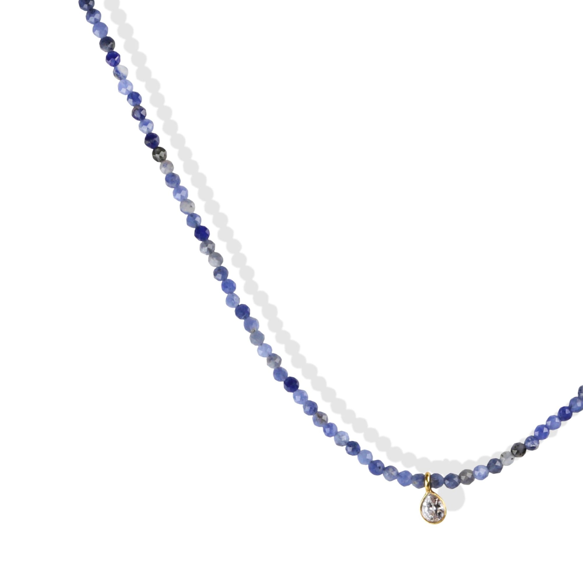 Faceted Sodalite Beaded Necklace with 18K Bezel-Set Teardrop Sapphire Charm