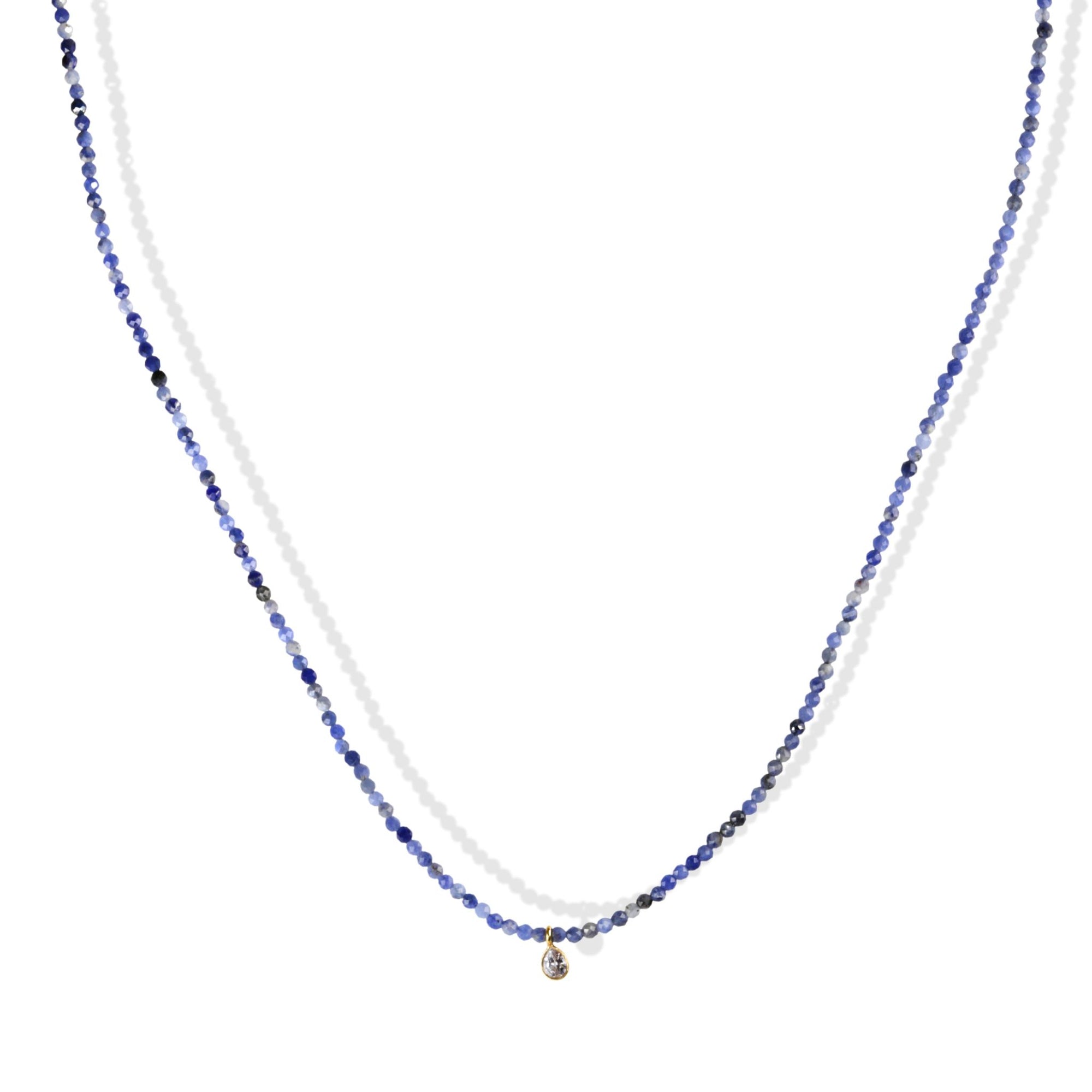 Faceted Sodalite Beaded Necklace with 18K Bezel-Set Teardrop Sapphire Charm