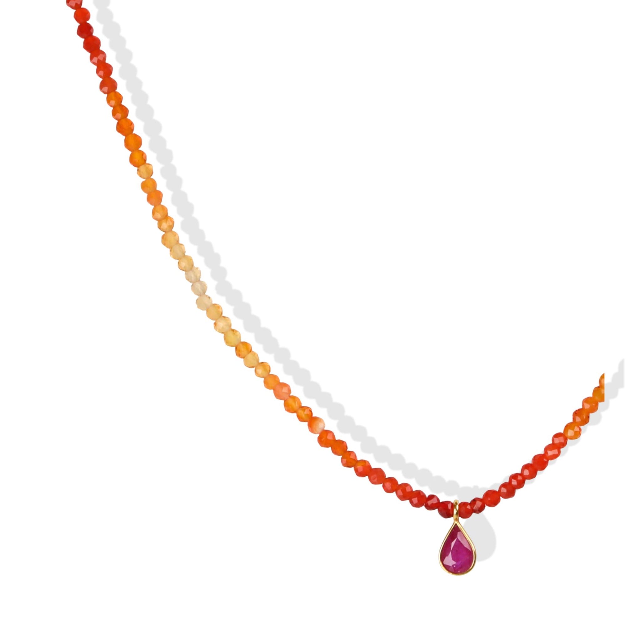 Faceted Fire Opal Beaded Necklace with 18K Bezel-Set Teardrop Ruby Charm