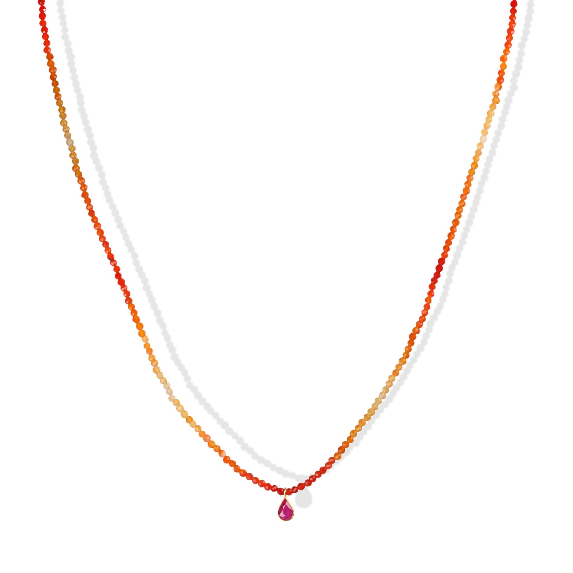 Faceted Fire Opal Beaded Necklace with 18K Bezel-Set Teardrop Ruby Charm