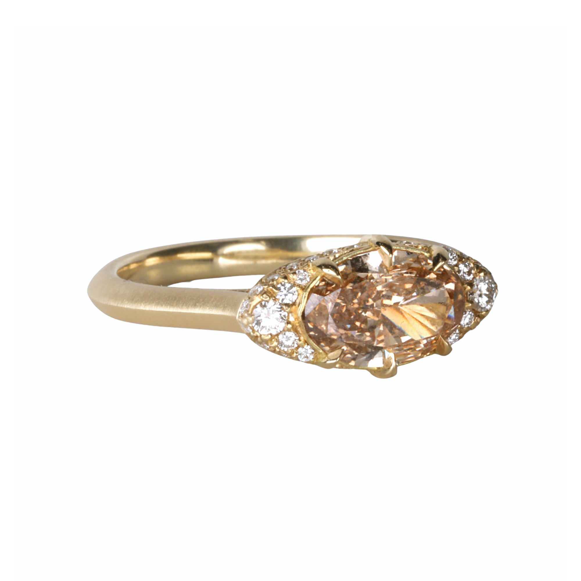18K "Mariam" Ring with East-West Multi Prong-Set Oval Champagne Diamond with Pave Diamond Side &amp; Hidden Halo