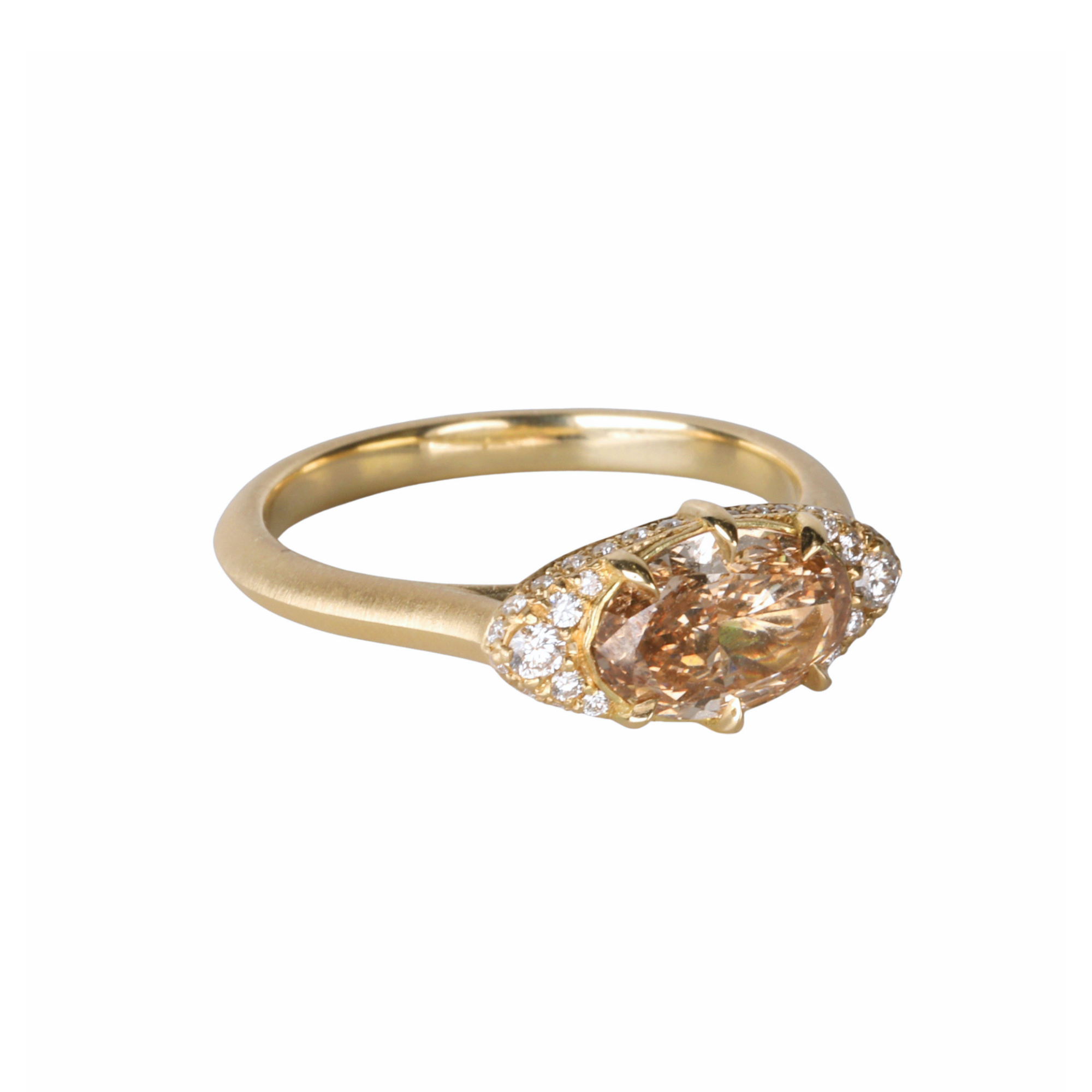 18K "Mariam" Ring with East-West Multi Prong-Set Oval Champagne Diamond with Pave Diamond Side &amp; Hidden Halo