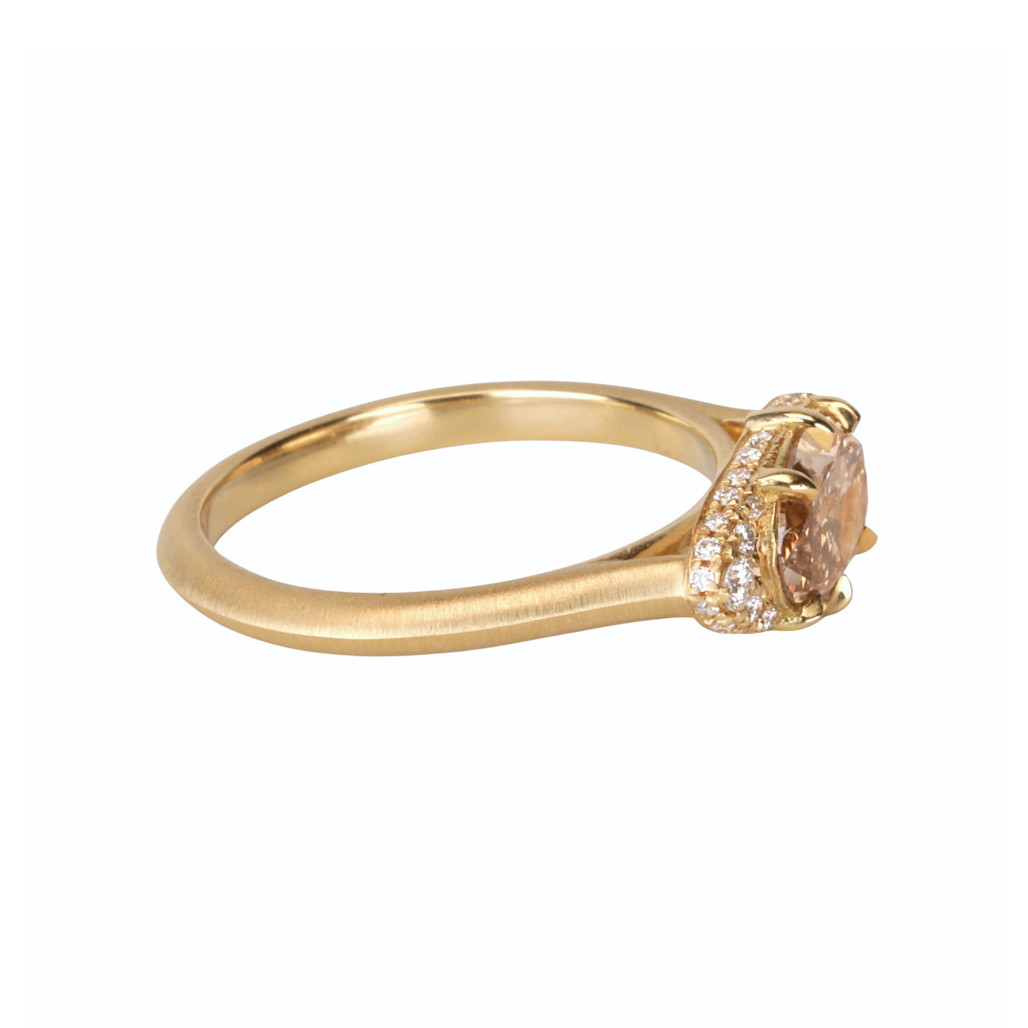 18K "Mariam" Ring with East-West Multi Prong-Set Oval Champagne Diamond with Pave Diamond Side &amp; Hidden Halo