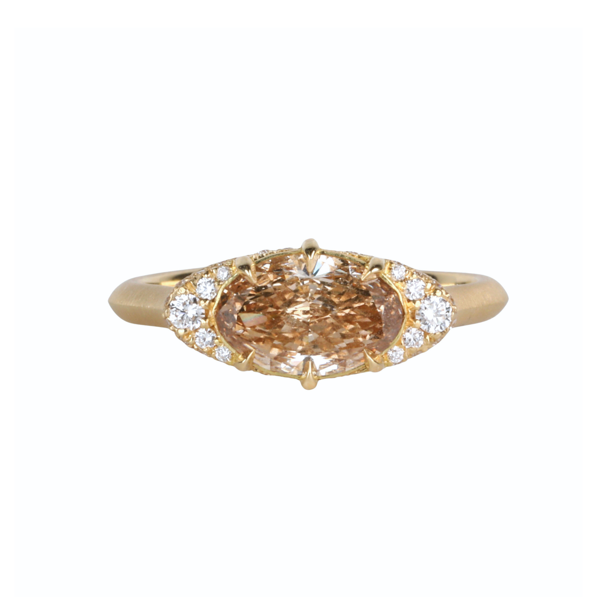 18K "Mariam" Ring with East-West Multi Prong-Set Oval Champagne Diamond with Pave Diamond Side &amp; Hidden Halo
