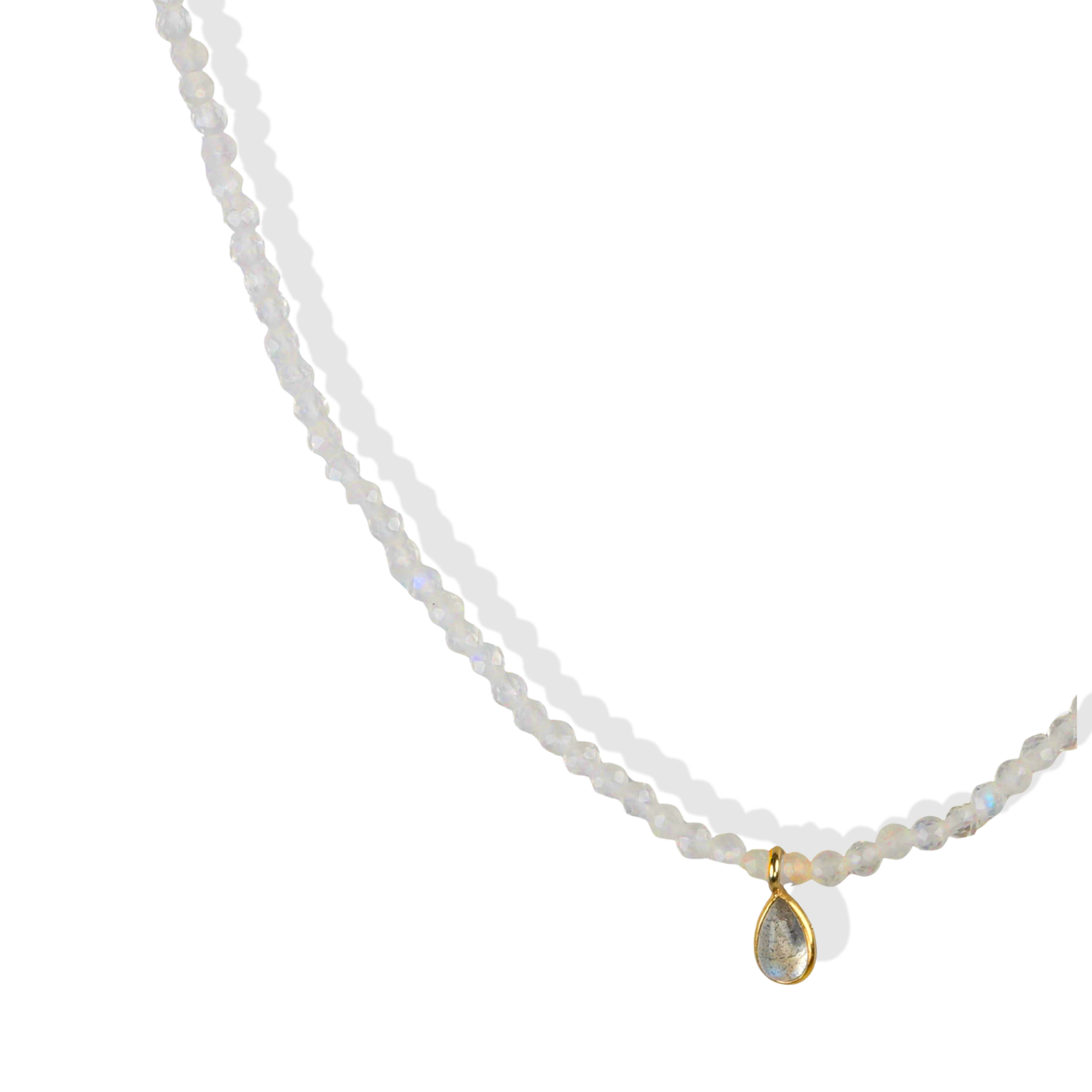 Faceted Rainbow Moonstone Beaded Necklace with 18K Bezel-Set Labradorite Charm