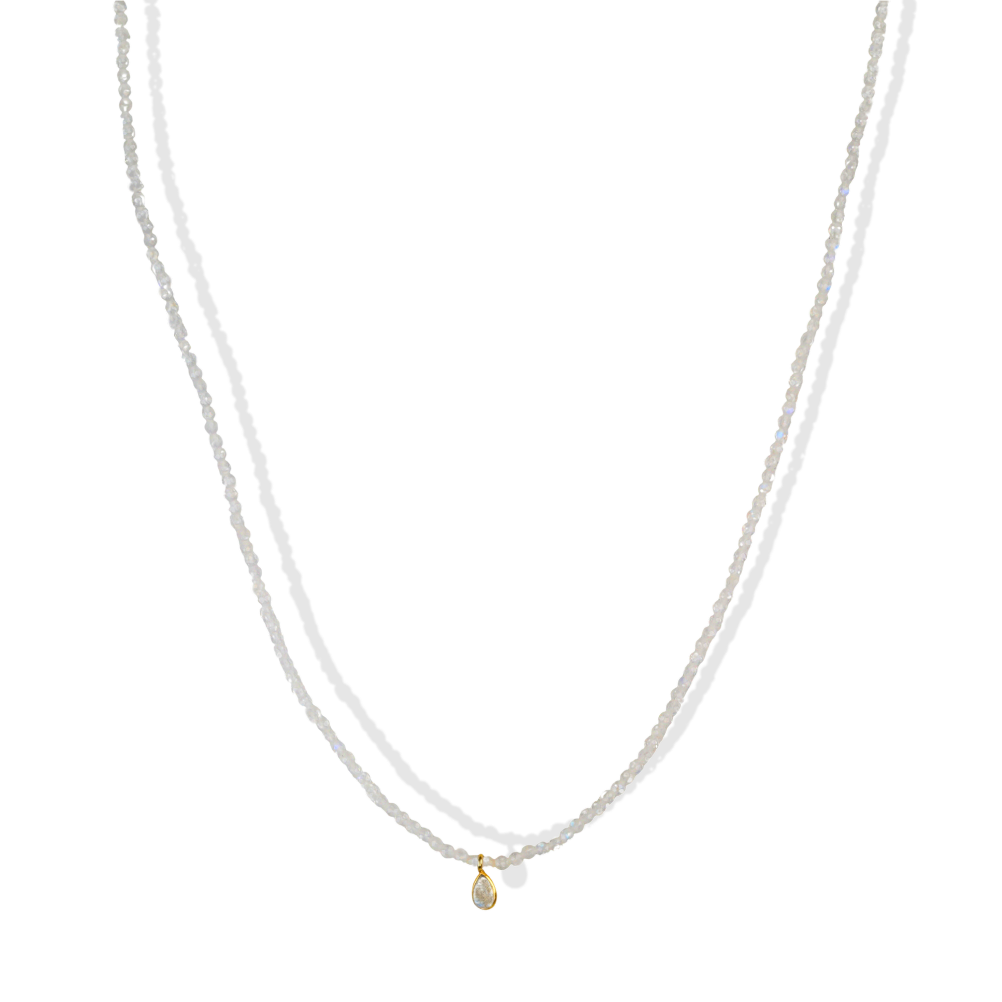 Faceted Rainbow Moonstone Beaded Necklace with 18K Bezel-Set Labradorite Charm