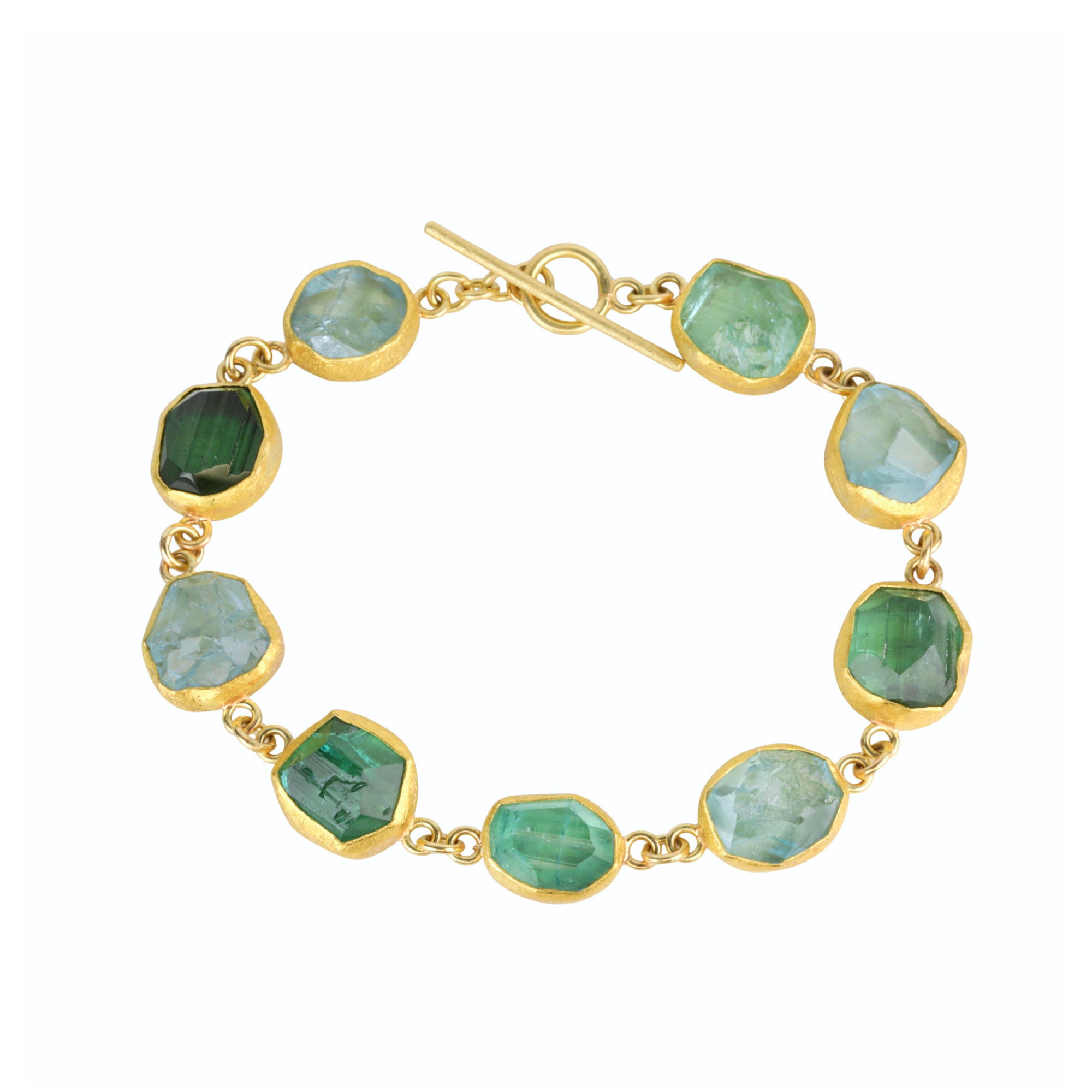22K &amp; 18K Bezel-Set Multi Natural Rough Aquamarine &amp; Green Tourmaline Bracelet