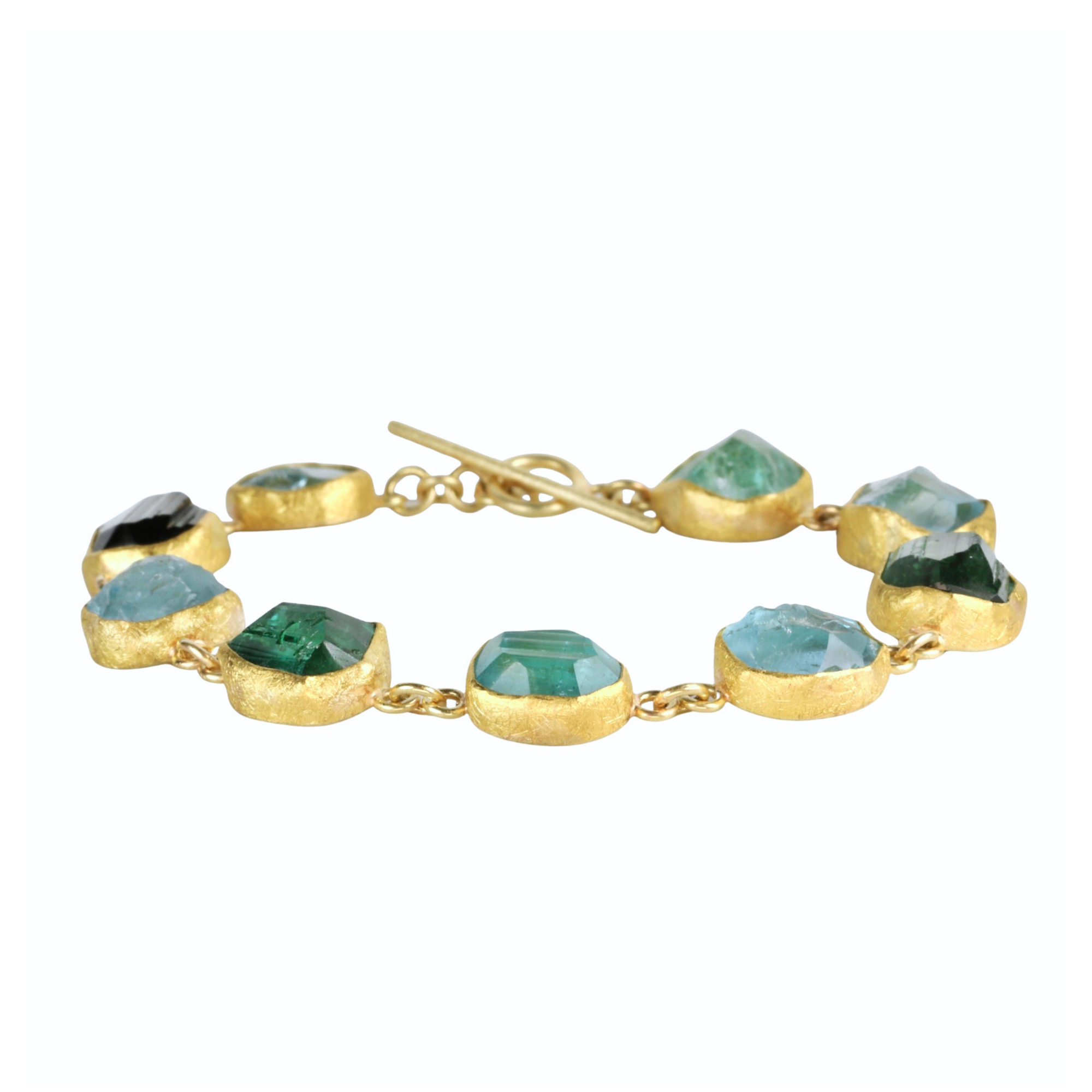 22K &amp; 18K Bezel-Set Multi Natural Rough Aquamarine &amp; Green Tourmaline Bracelet