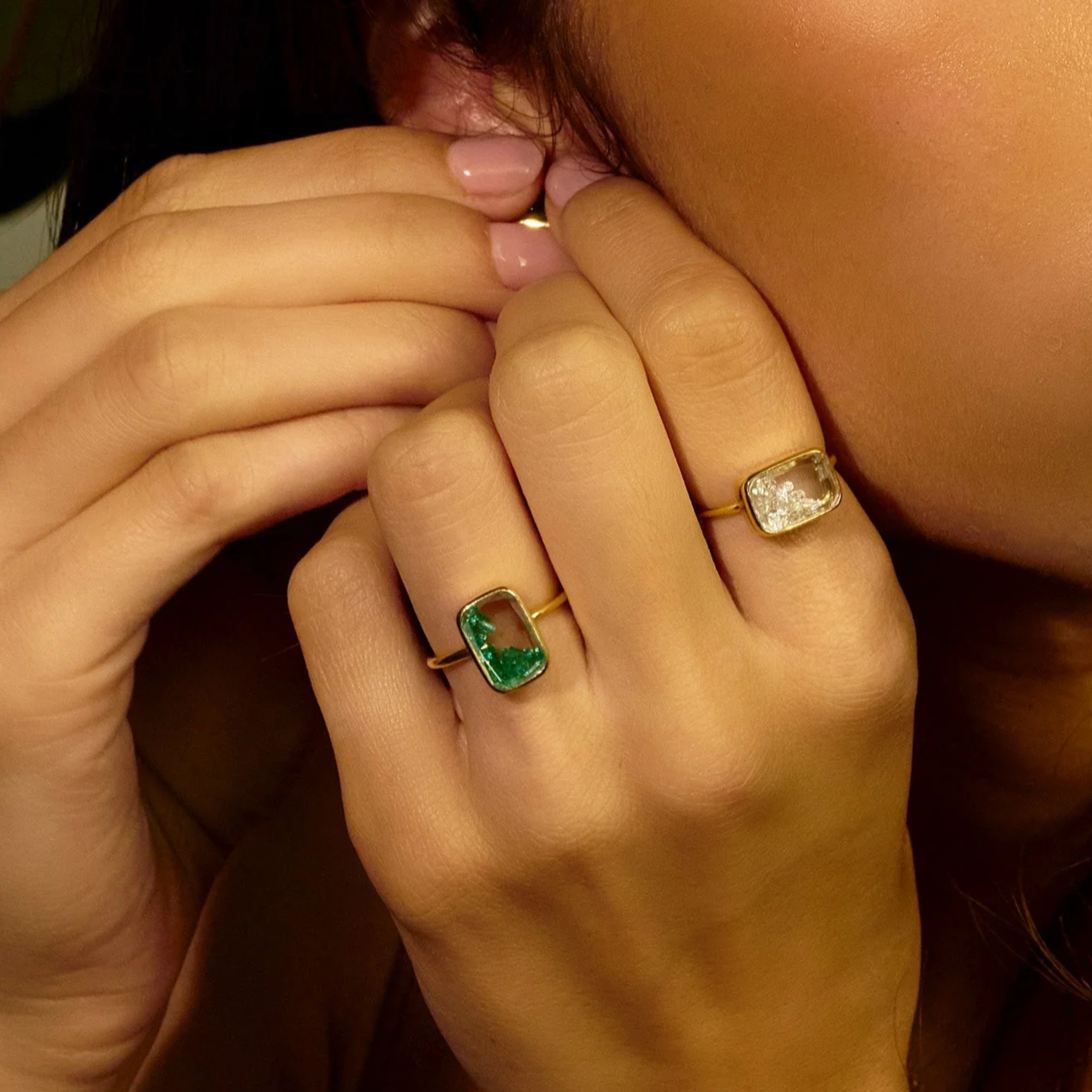 18K Petite "Ten Fourteen" Ring with Emeralds