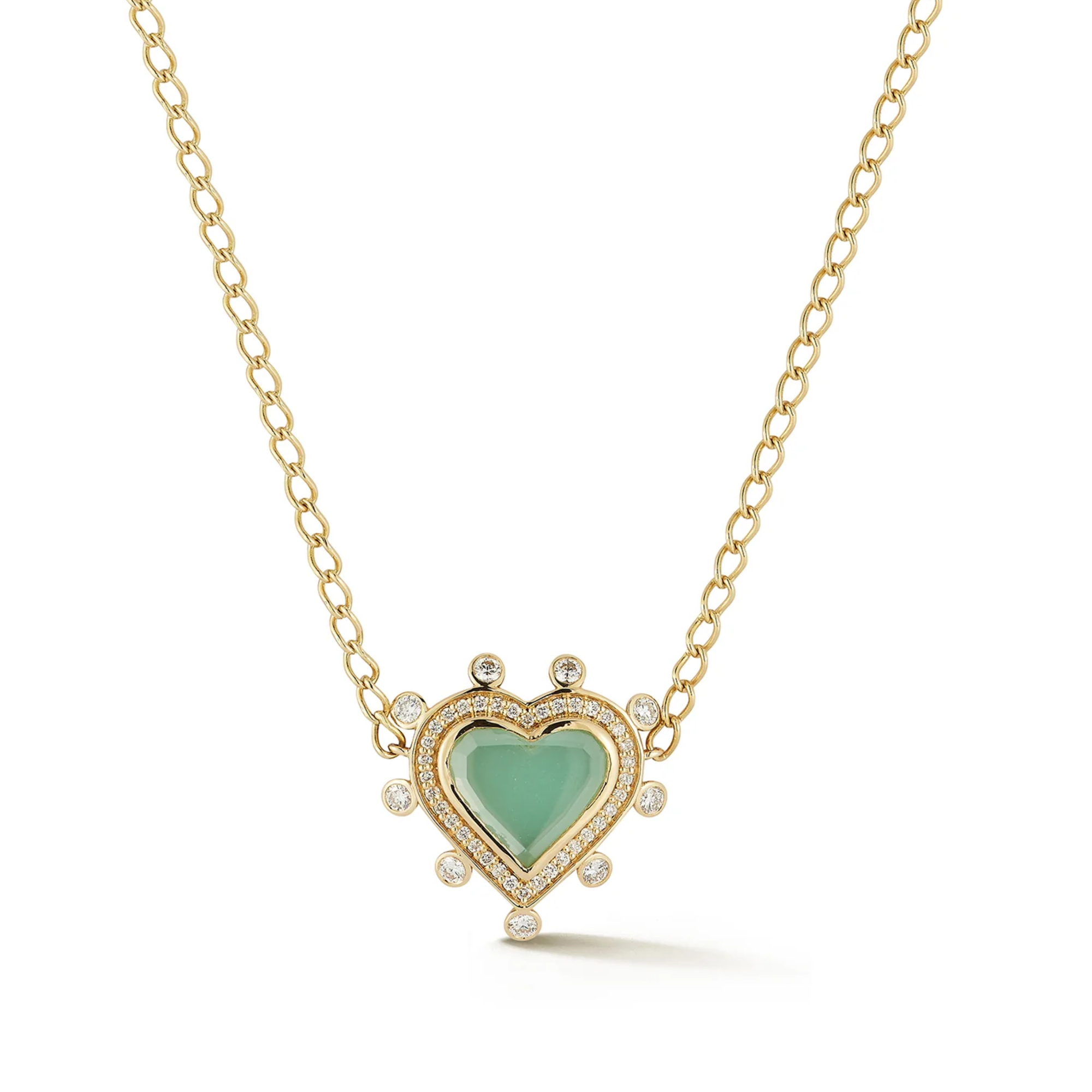 18K &amp; Chrysoprase Small Heart "Caspian" Pendant Necklace with Pave &amp; Satellite Diamond Halo