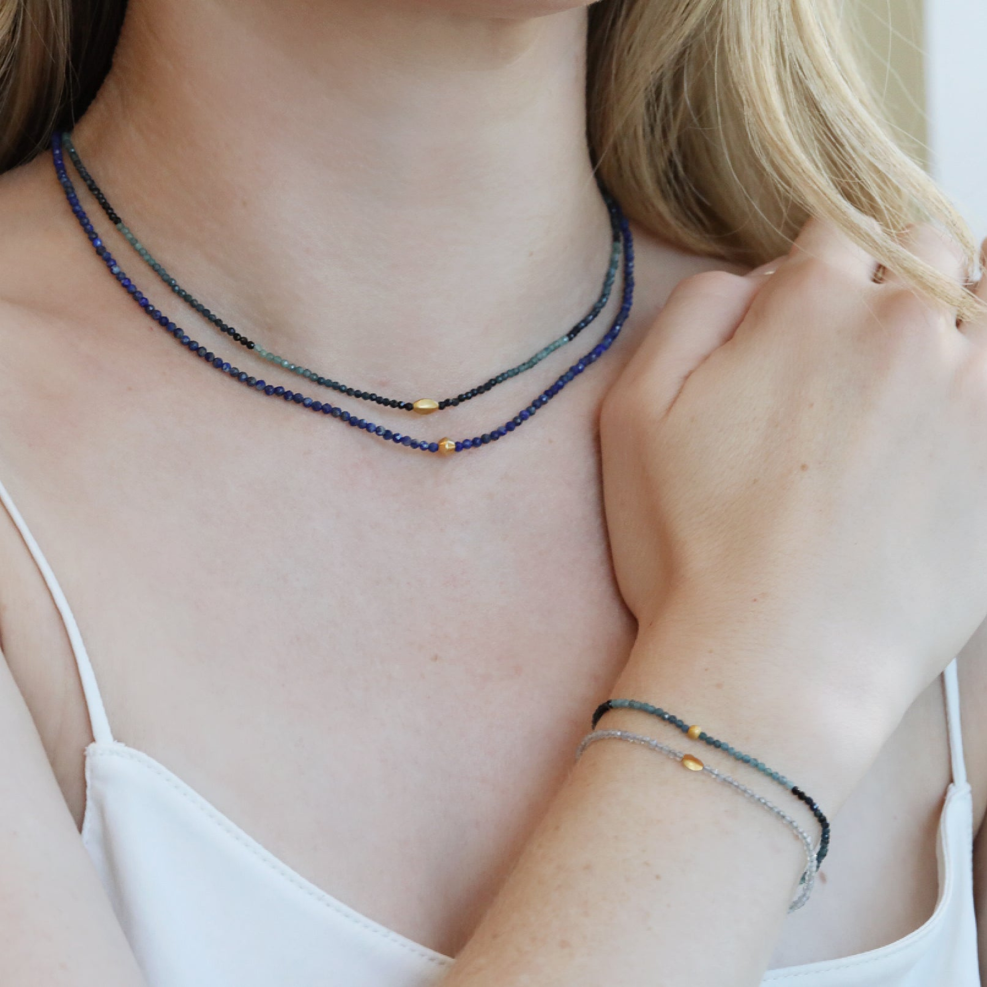 Faceted Labradorite Beaded Bracelet with 18K Marquise Bead