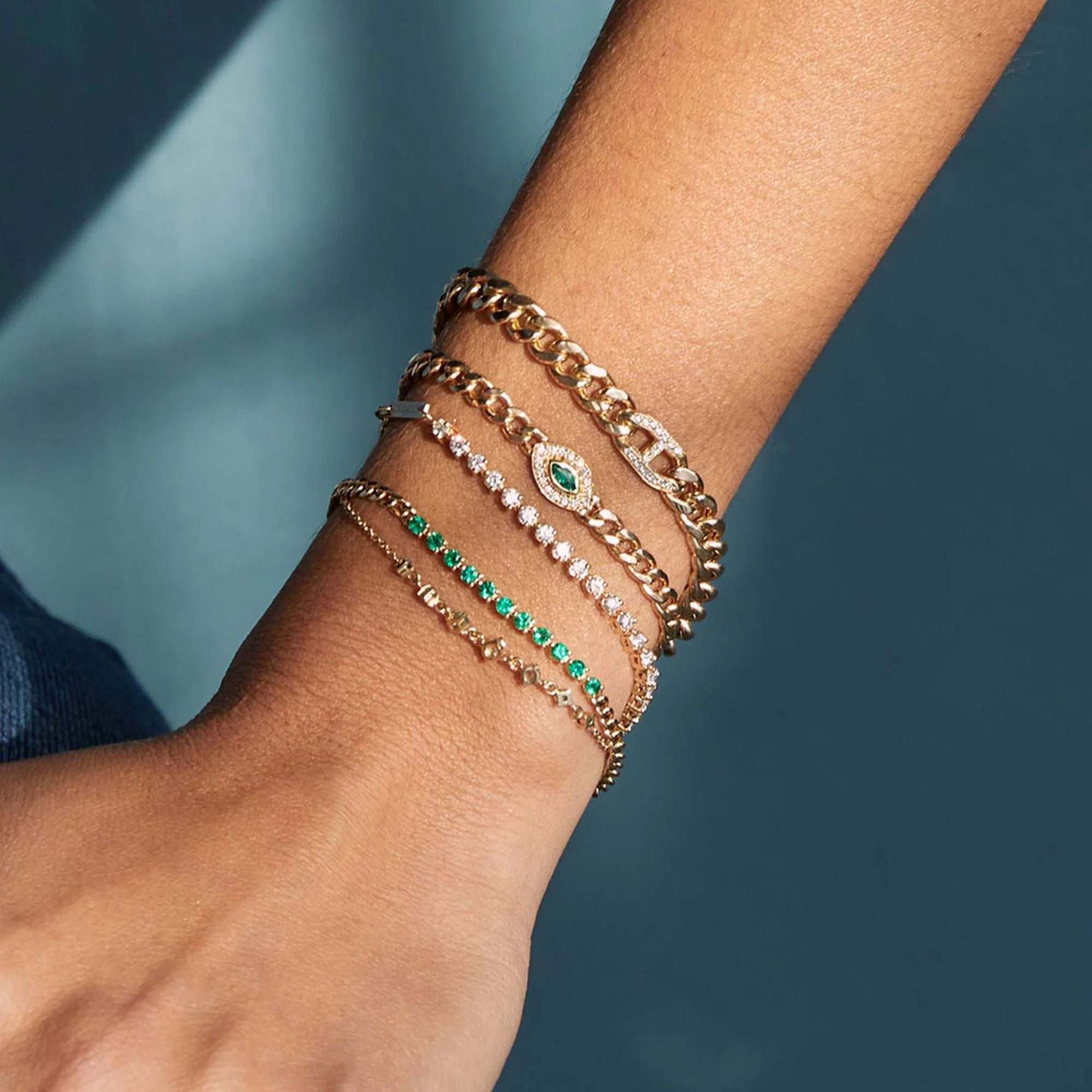 14K &amp; Emerald "Tennis Segment" Small Curb Chain Bracelet