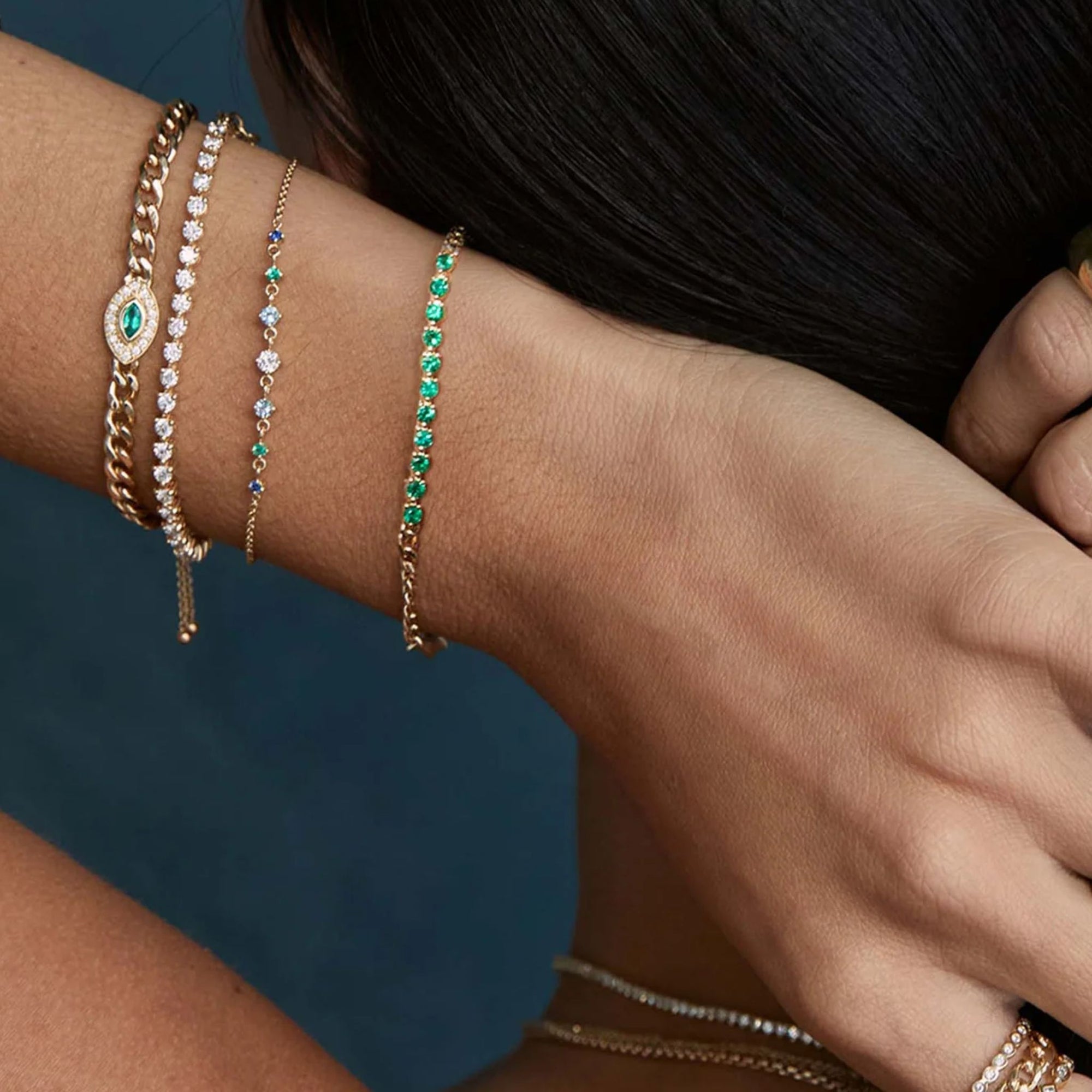 14K &amp; Emerald "Tennis Segment" Small Curb Chain Bracelet
