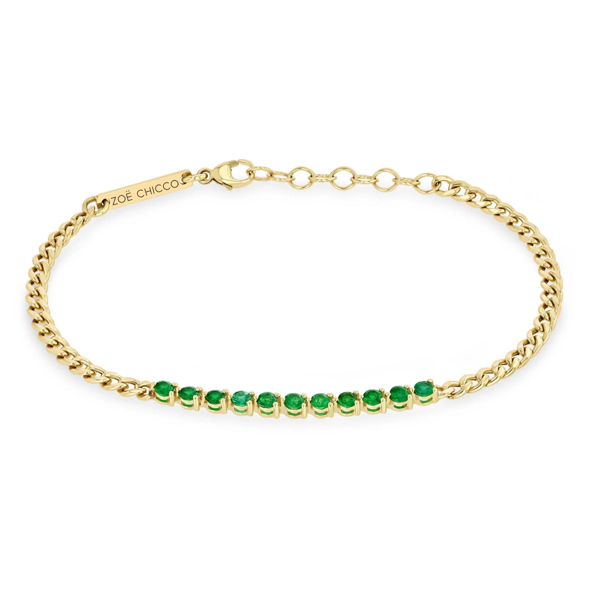14K &amp; Emerald "Tennis Segment" Small Curb Chain Bracelet