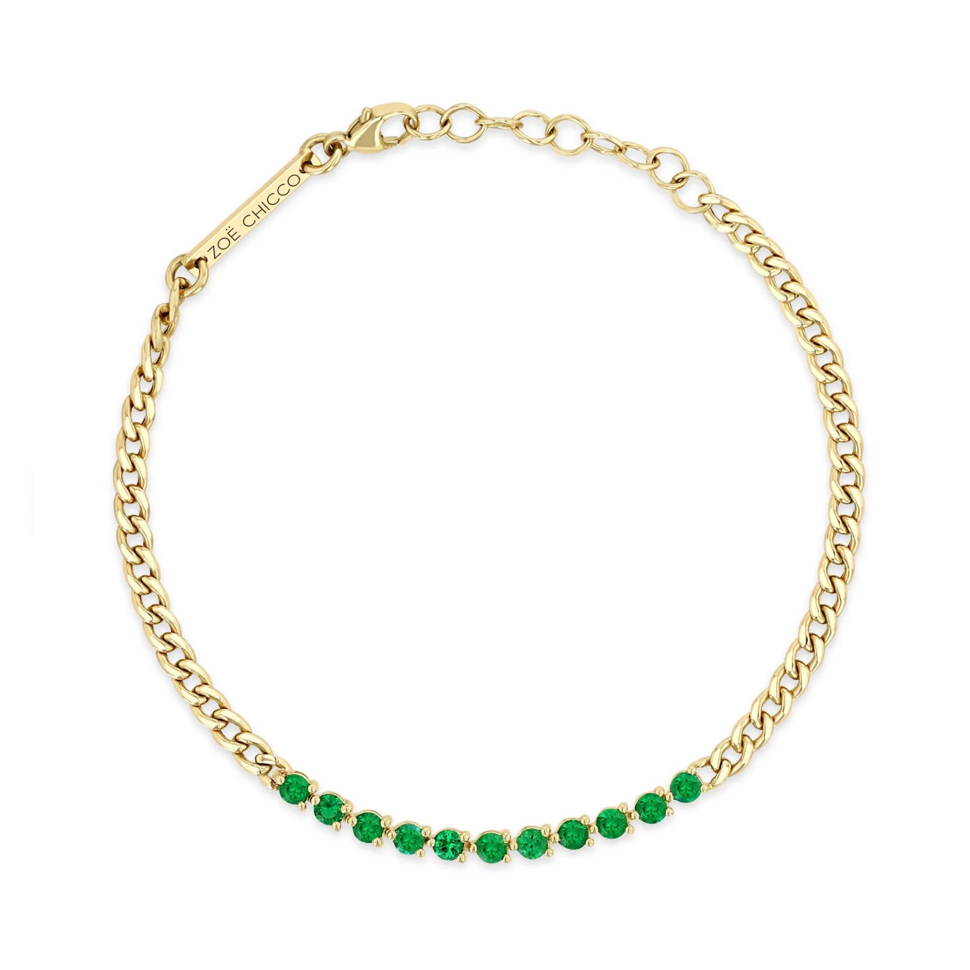 14K &amp; Emerald "Tennis Segment" Small Curb Chain Bracelet