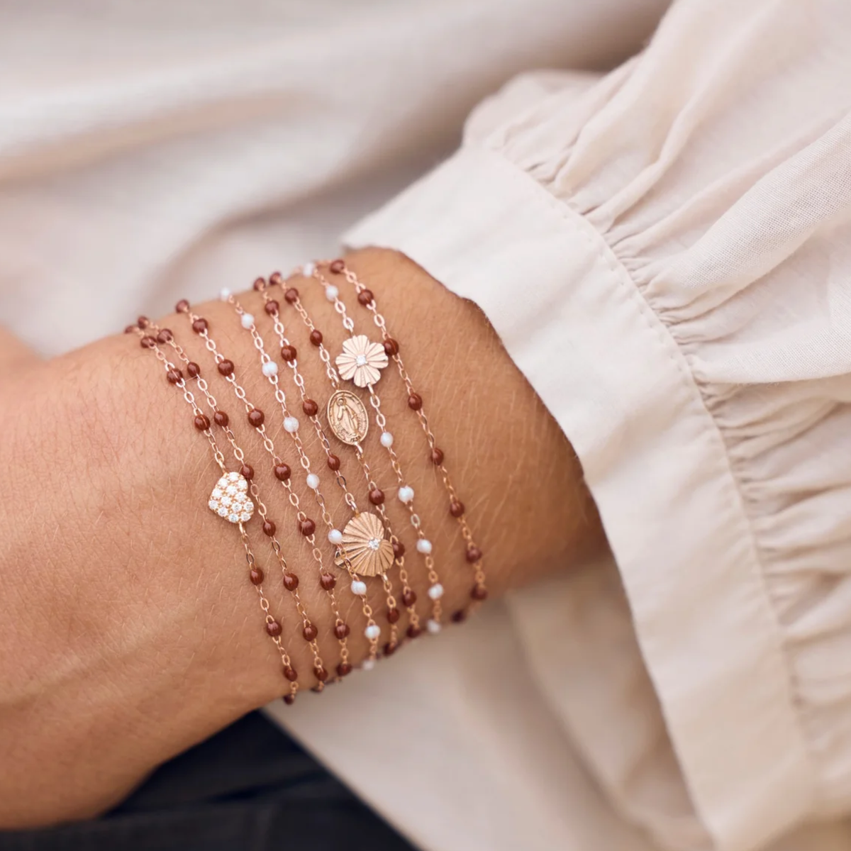 18K &amp; "Moka" Brown Resin Beaded "Classic" Bracelet