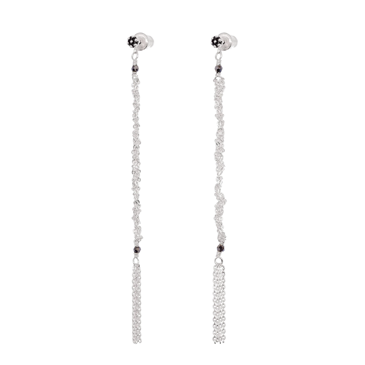 Rhodium Plated Sterling Silver Woven Chain Drop Earrings with Crystal Bead &amp; Chain Fringe Details