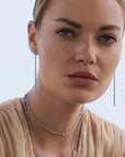 Rhodium Plated Sterling Silver Woven Chain Drop Earrings with Crystal Bead & Chain Fringe Details