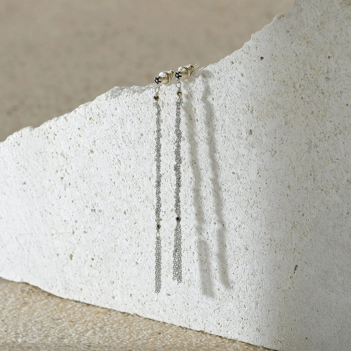 Rhodium Plated Sterling Silver Woven Chain Drop Earrings with Crystal Bead &amp; Chain Fringe Details