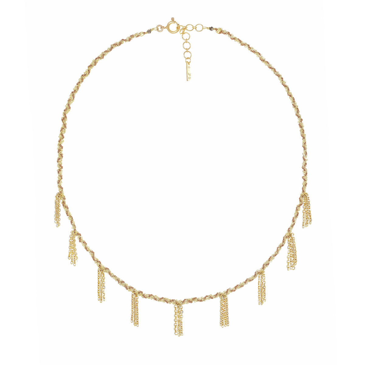 Gold Vermeil Chain &amp; Beige Silk Woven Necklace with Nine Chain "Fringe" Stations