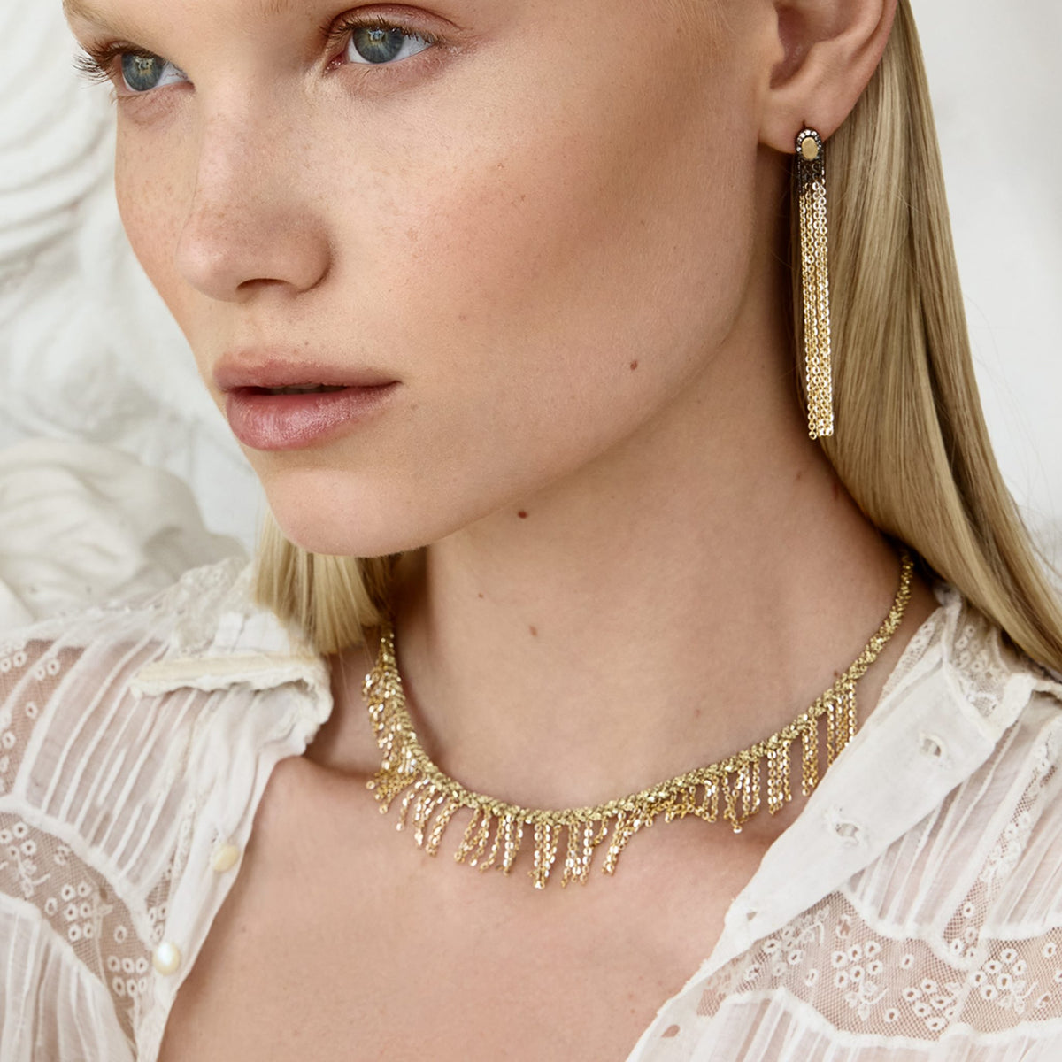 Gold Vermeil Chain &amp; Beige Silk Woven Necklace with Center Chain "Fringe" Section
