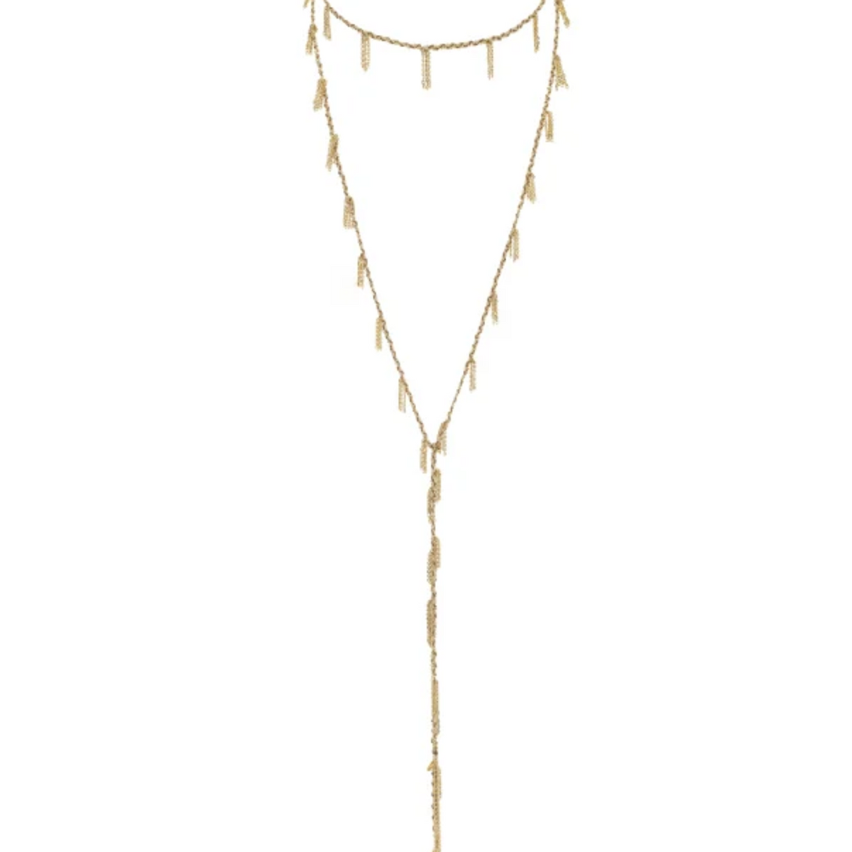 Vermeil &amp; Beige Silk Woven Multi Twist Tie Lariat Necklace with Mini Chain Tassel Stations
