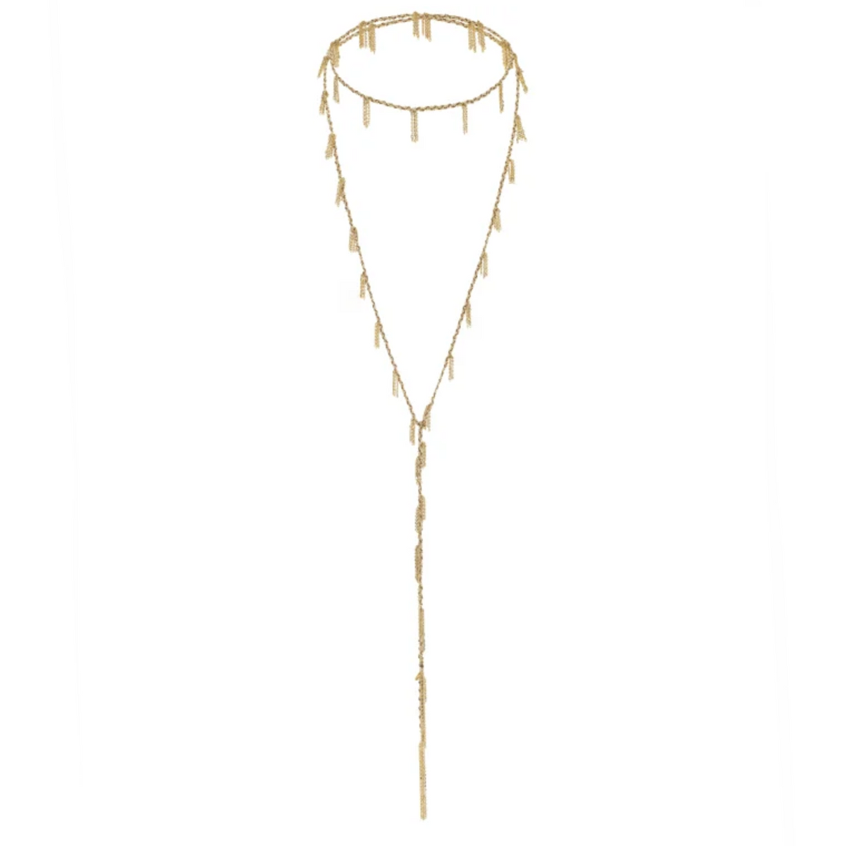 Vermeil &amp; Beige Silk Woven Multi Twist Tie Lariat Necklace with Mini Chain Tassel Stations