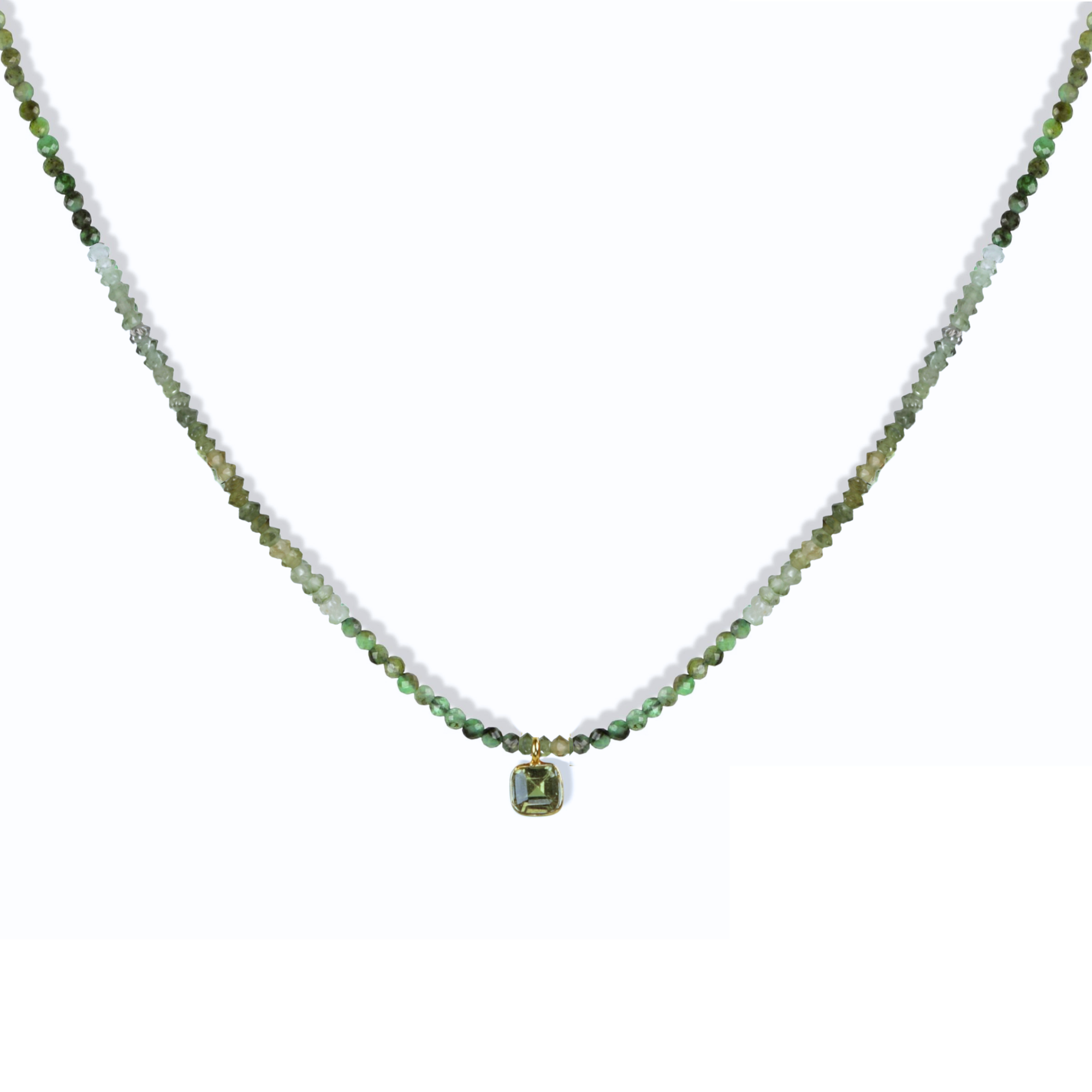 Faceted Ombre Green Tourmaline Beaded Necklace with 18K Bezel Set Green Tourmaline Pendant