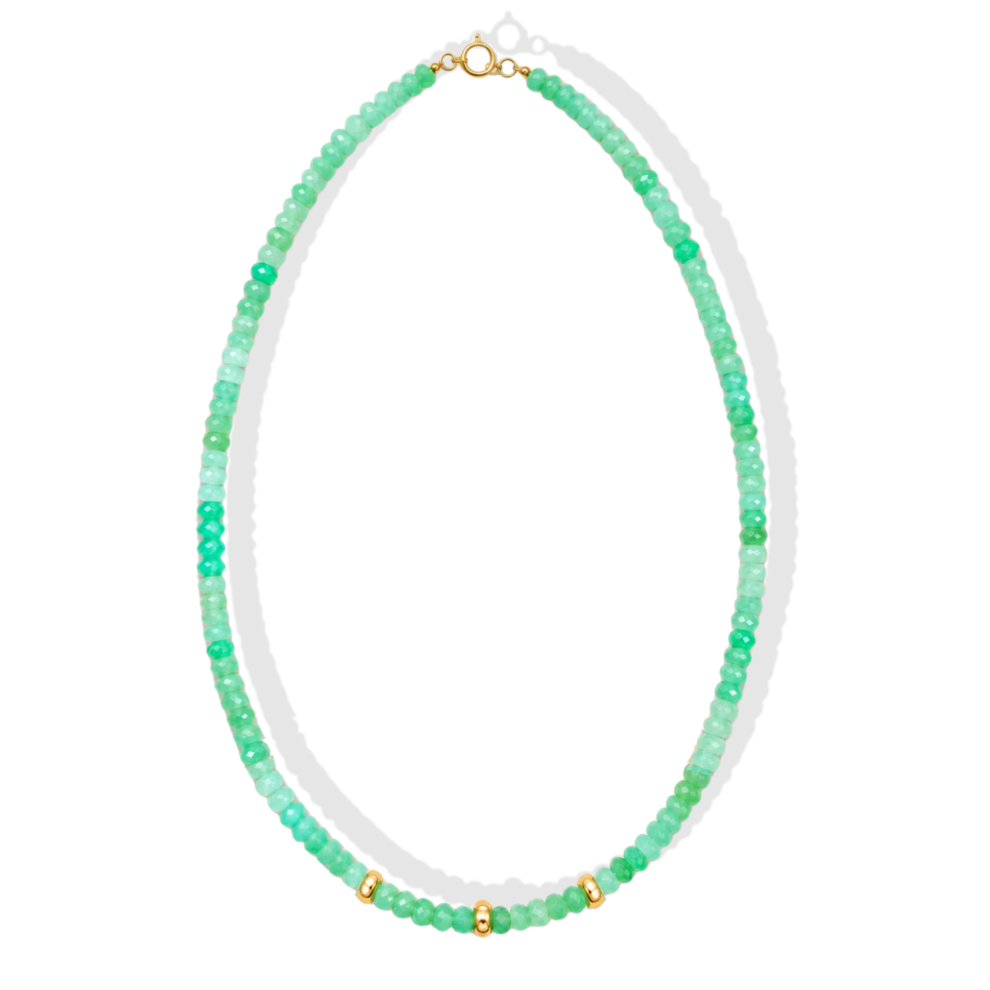Faceted Chrysoprase Beaded Necklace With Three 14K Beads &amp; Clasp