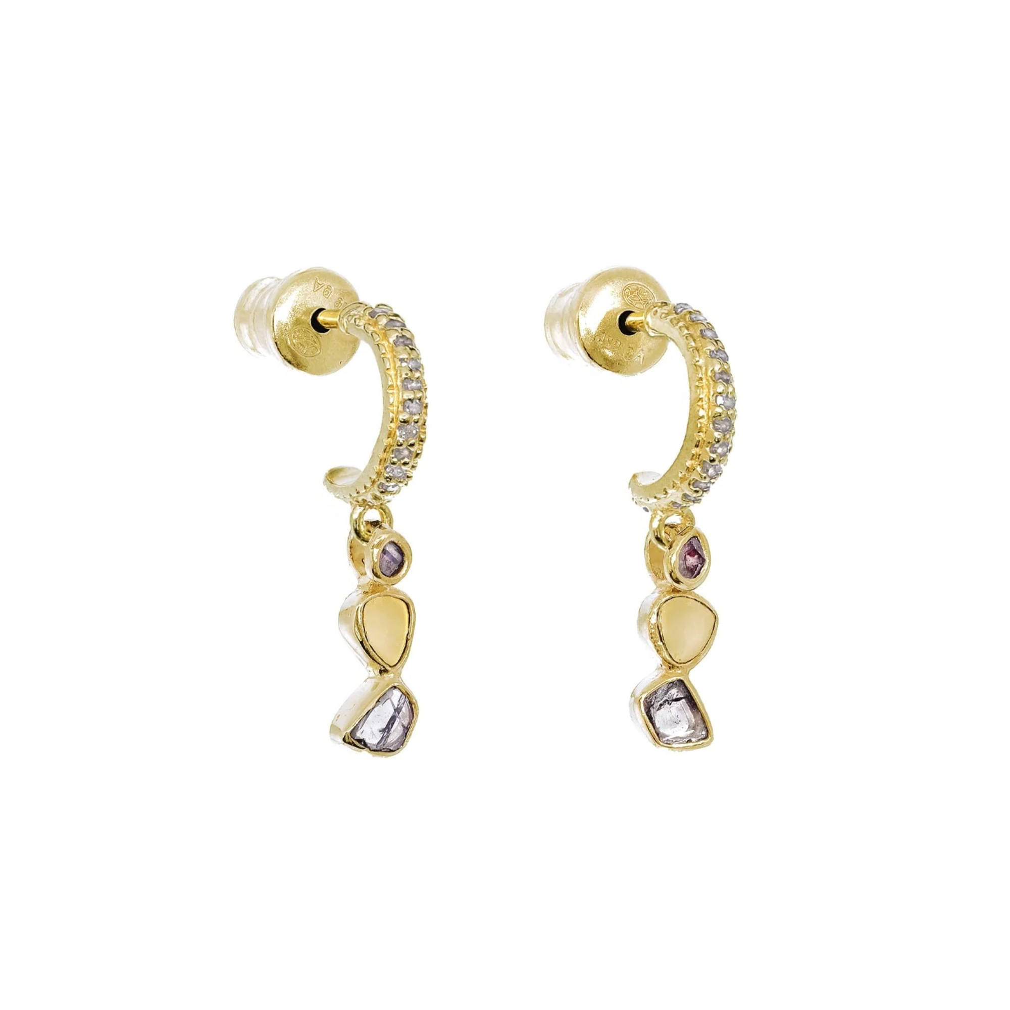 Vermeil &amp; Pave Diamond Half Hoop Earrings with Polki Diamond Dangles