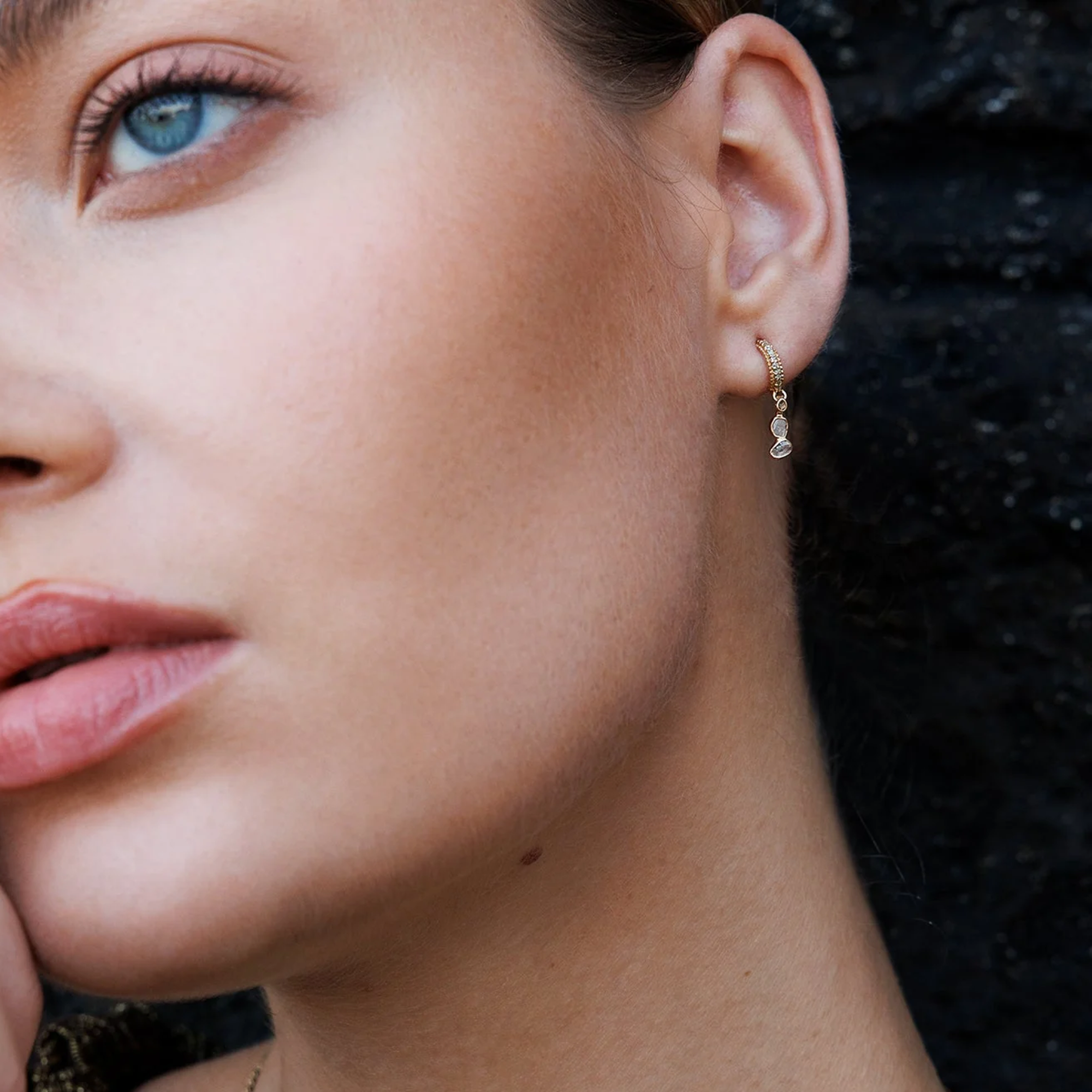 Vermeil &amp; Pave Diamond Half Hoop Earrings with Polki Diamond Dangles