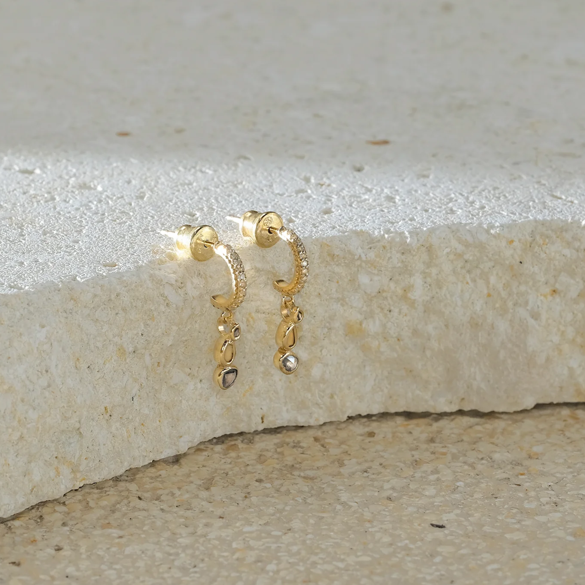 Vermeil &amp; Pave Diamond Half Hoop Earrings with Polki Diamond Dangles