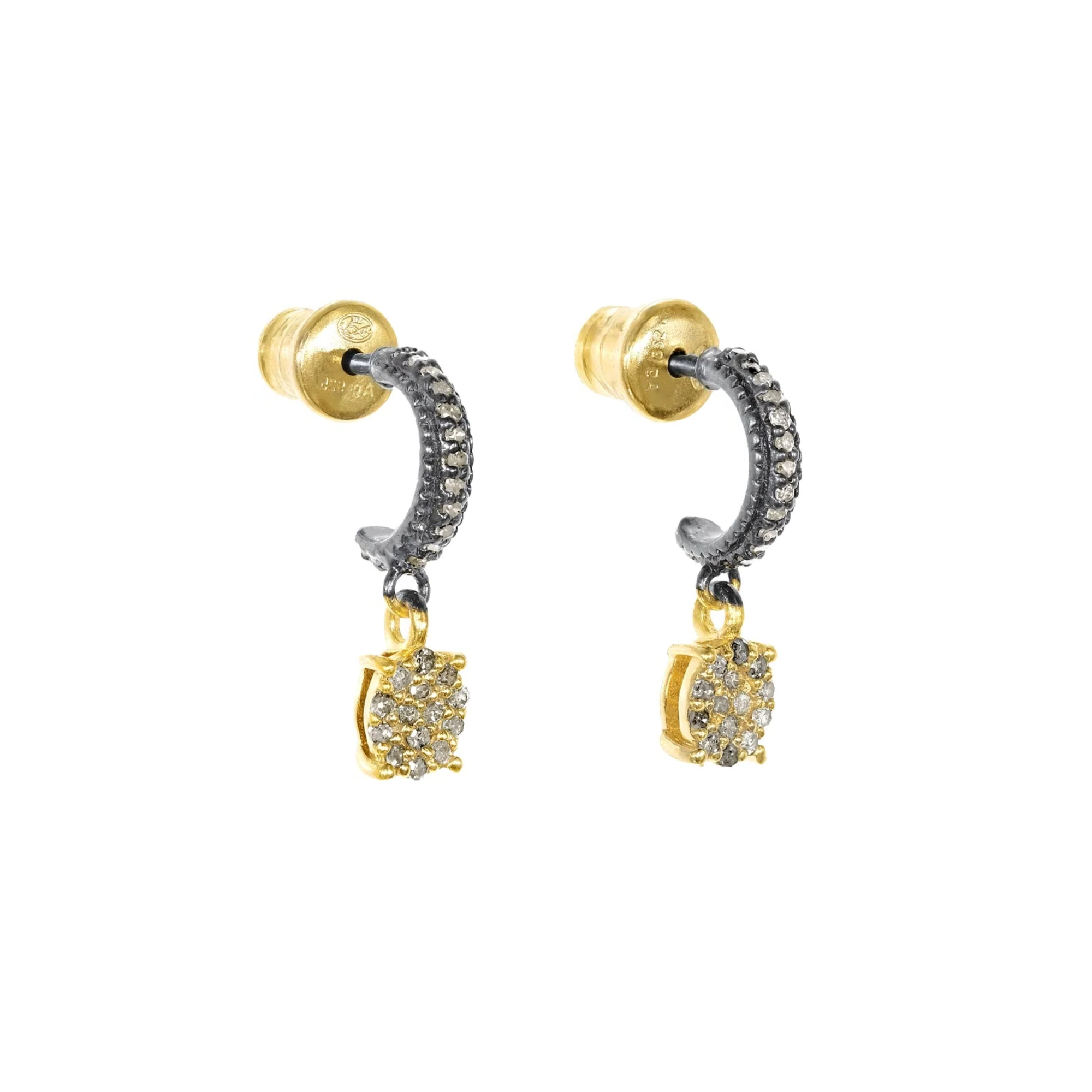Mixed Metal Vermeil &amp; Ruthenium Pave Diamond Half Hoop Earrings with Polki Diamond Dangles